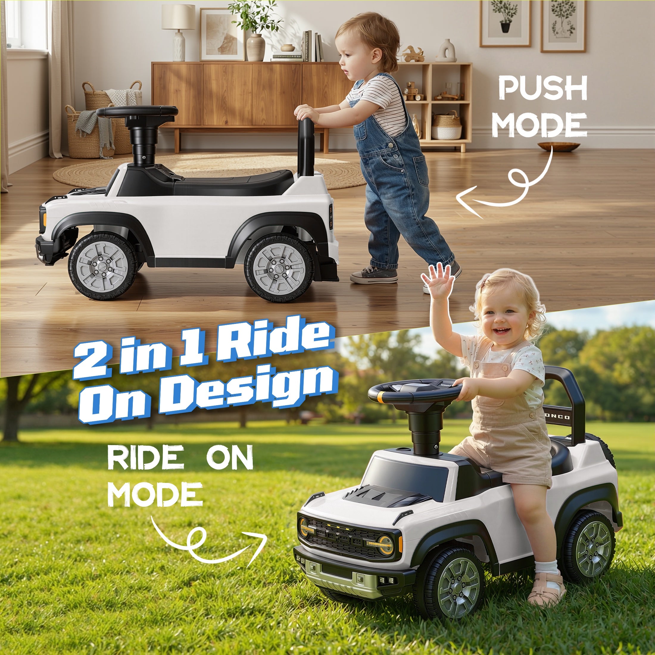 iYofe Kids Ride on Push Car 2 in 1, Ford Bronco Raptor Toddlers Ride on Push Toys with Horn, Music, Handle, Under Seat Storage, Ride on Toys for Toddlers 18 Months +, White