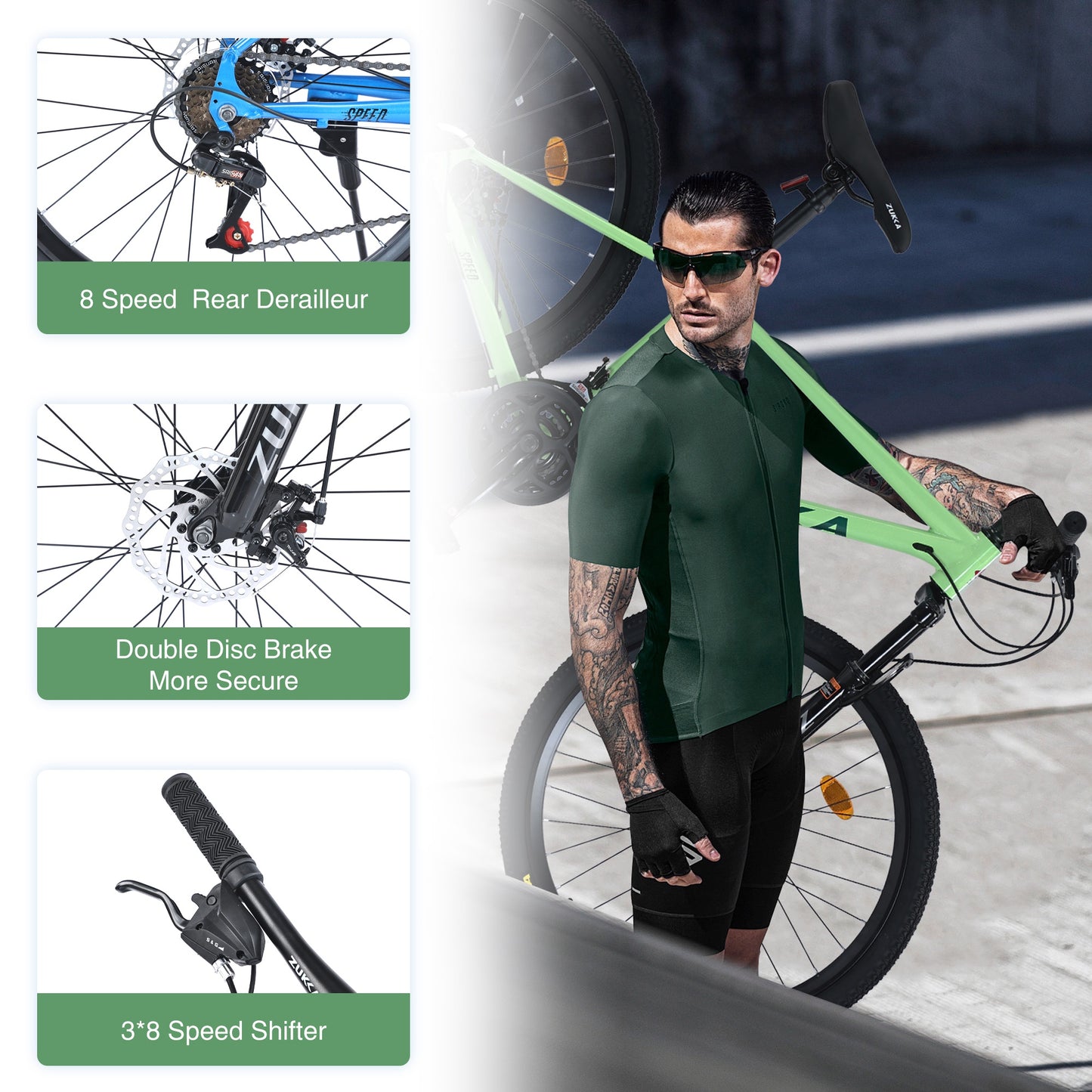 26" Mountain Bikes for Adults Teens, 24 Speed Mountain Bicycle w/ Disc Brakes, Bike for Mens Womens, City Commuter Bikes Suit for Rider Height 5'4"-6'2", 85% assembled (Green)