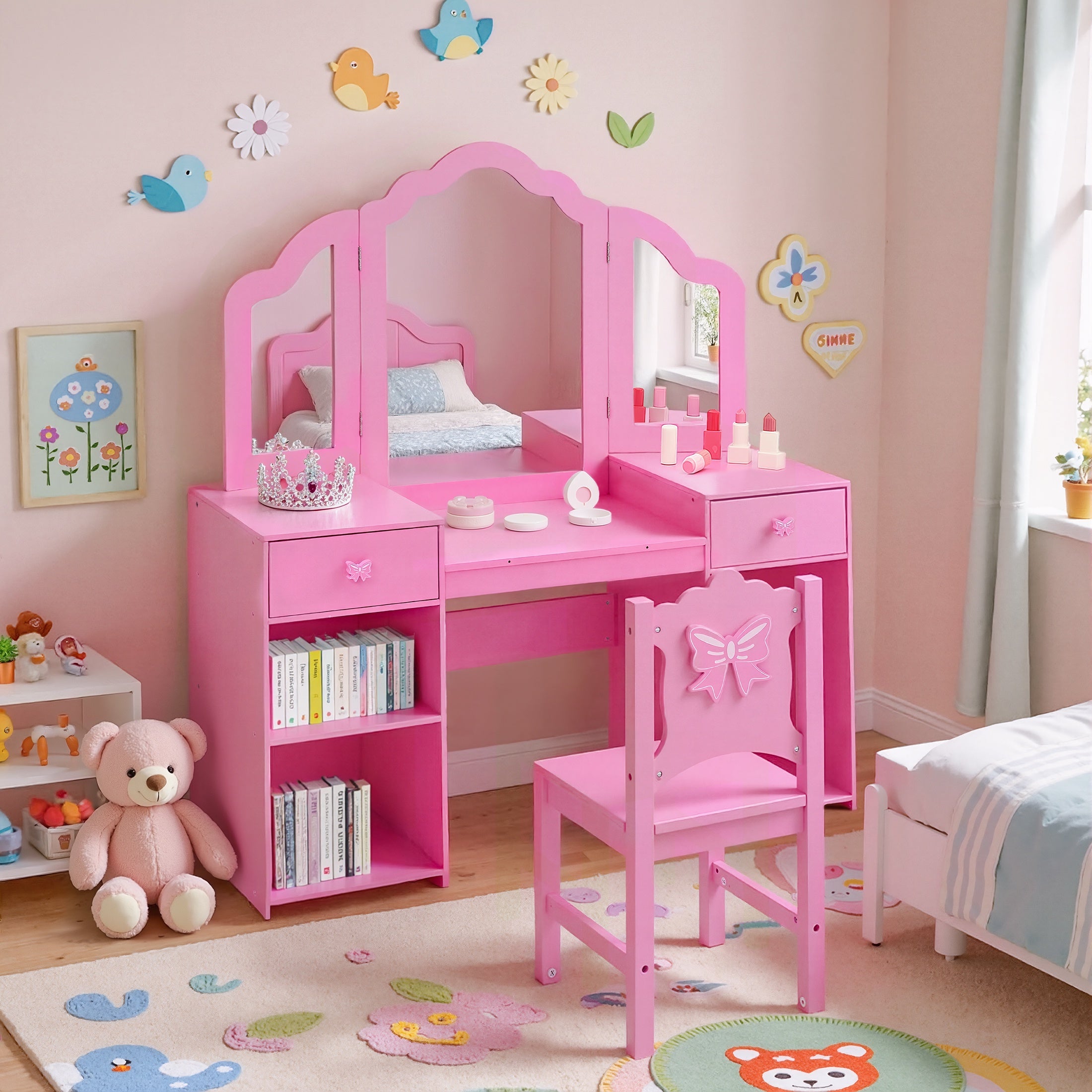 iYofe Kids Vanity Set, Girls Vanity Set with Mirror and Stool, Princess Girls Makeup Vanity Desk with Drawers, Open Storage Cabinet, Toddler Vanity Table and Chair Set for Little Girls Age 3-9, Pink