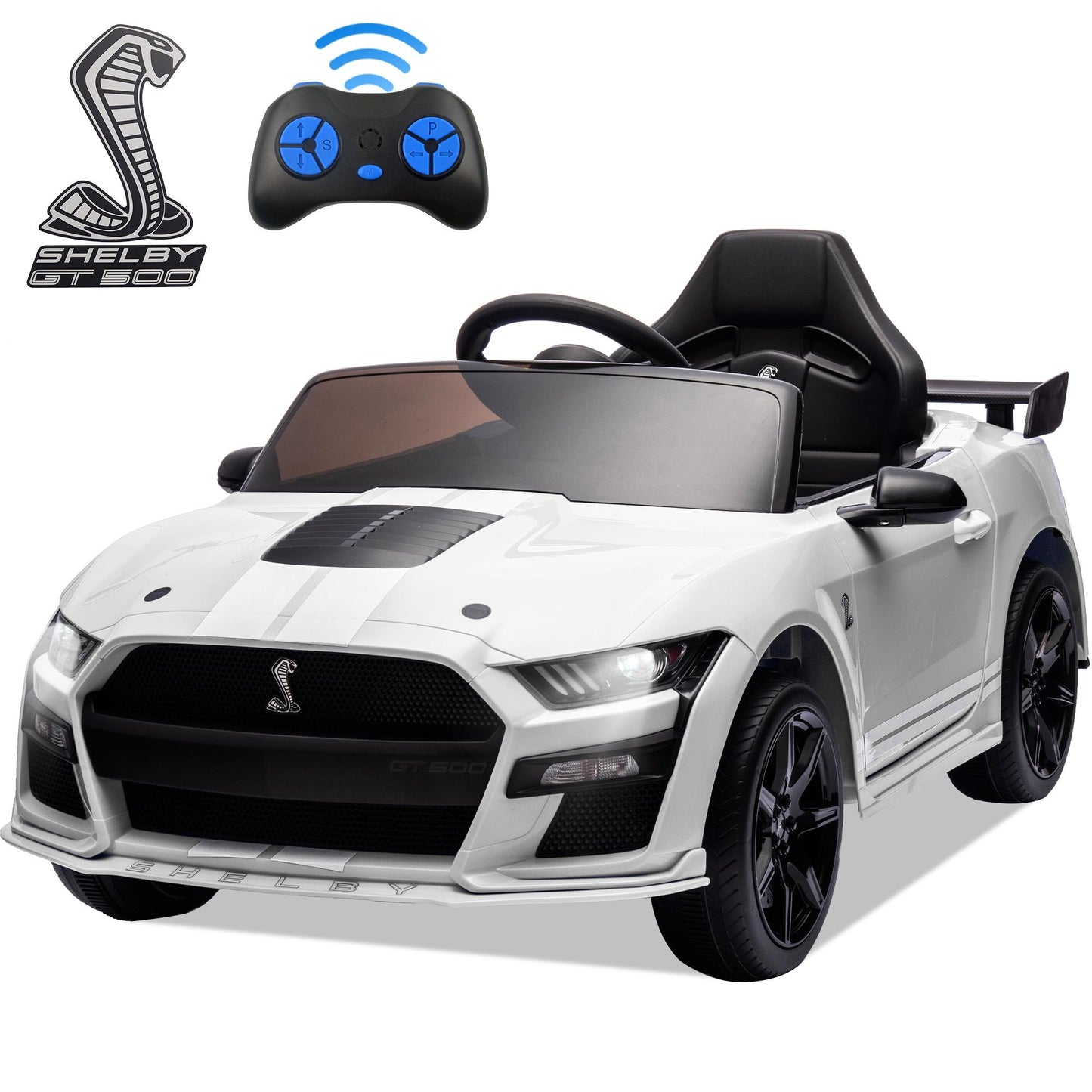 Ford Mustang Shelby 12V Ride On Car with Remote Control, Electric Car for Kids Toddler Electric Vehicle with Bluetooth, Radio, Music, USB Port, LED Lights, Battery Powered Ride on Toys for Kids, White