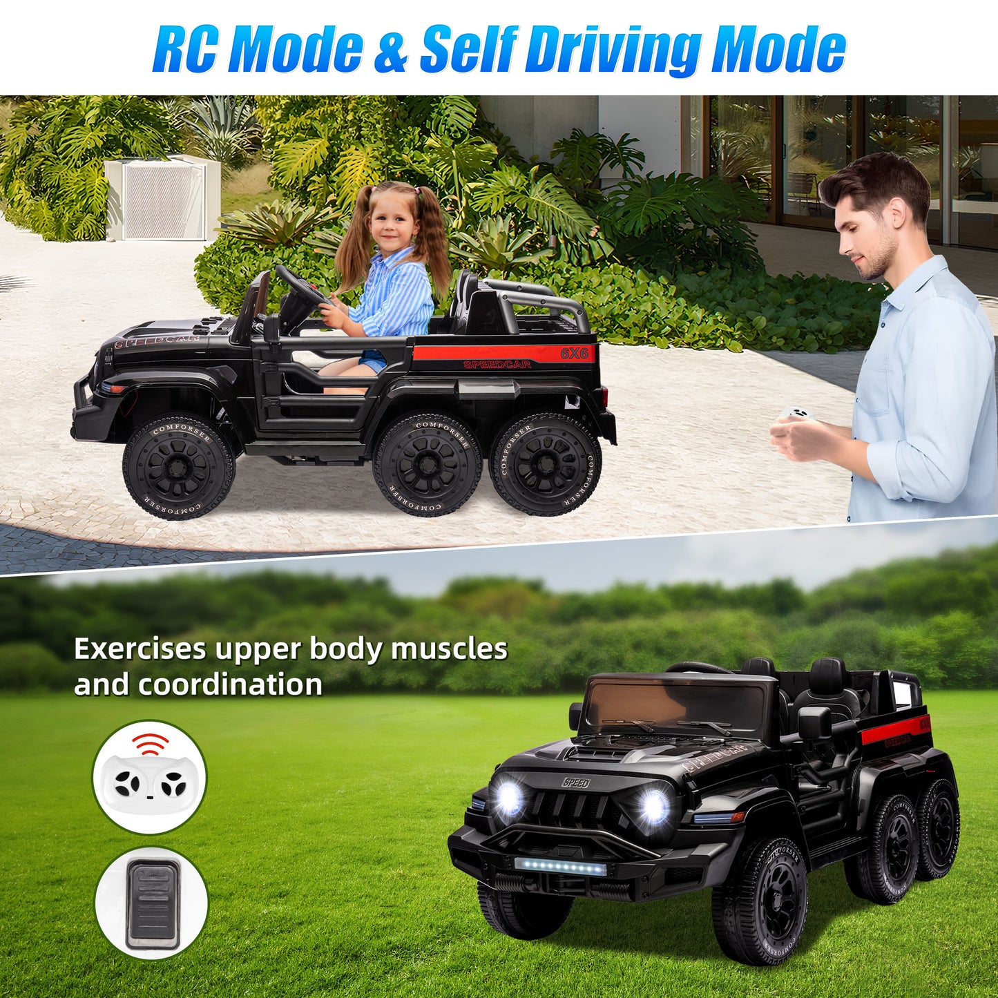 24V 2 Seats Ride on Car with Remote Control Ride on Toy for Boys and Girls 3-6 Years Old Electric Vehicle for Kids Ride on Truck, Bluetooth, Swing Mode