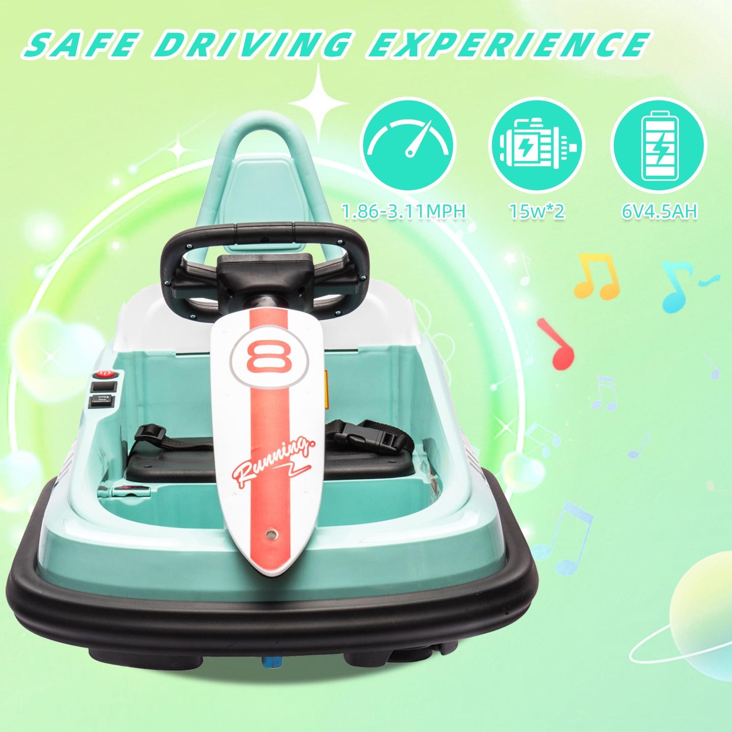 iYofe 6V Bumper Car Ride on with Remote Control, Bumper Cars for Kids Toddlers Boys Girls 2-6 Years Old Gifts, Battery Powered Ride on Toys with Bluetooth, Player, 360¡ãSpin, LED Light, 3 Speed, Blue