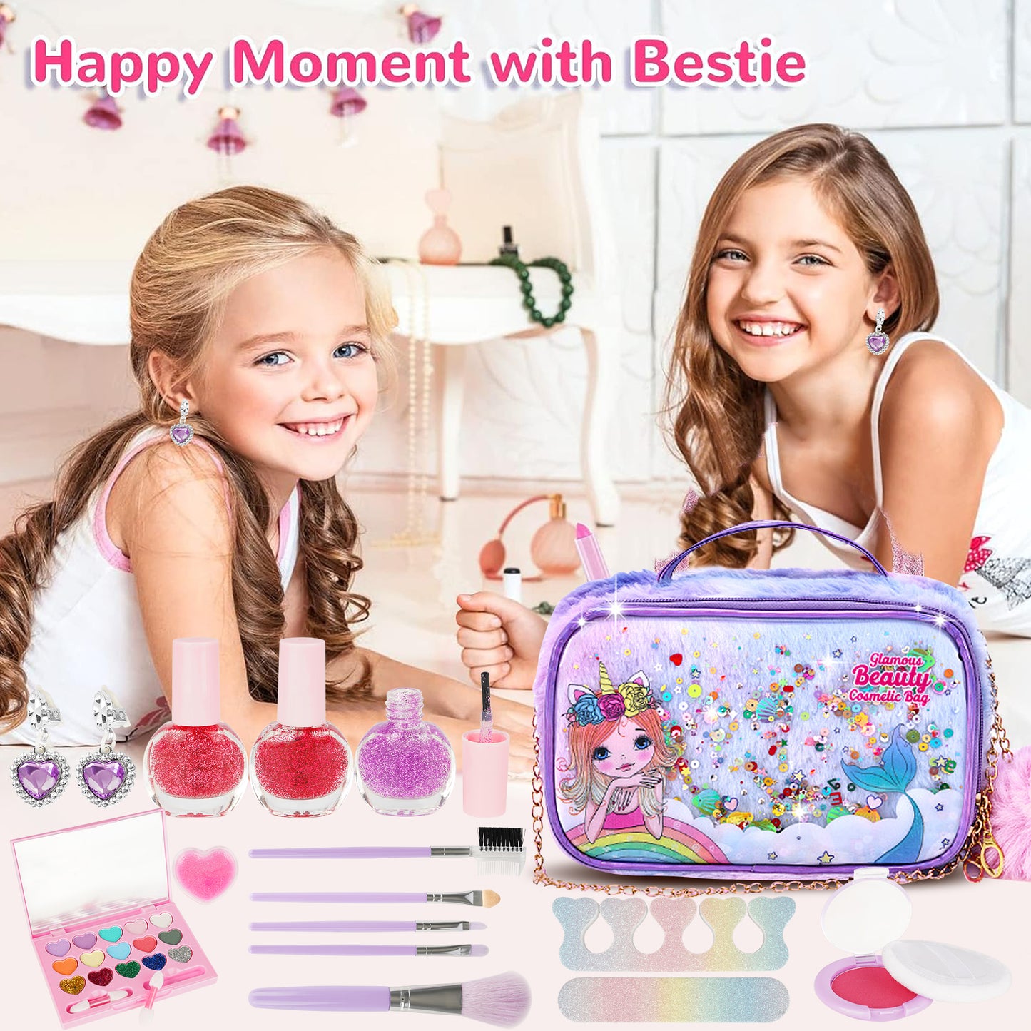 Kids Makeup Set for Girl, iRerts 31Pcs Girls Real Washable Makeup Kit with Crown, Little Girls Princess Play Make Up Birthday Gift Toys for Toddler Kid Girls Children Age 3 4 5 6 7 8 9 Year Old