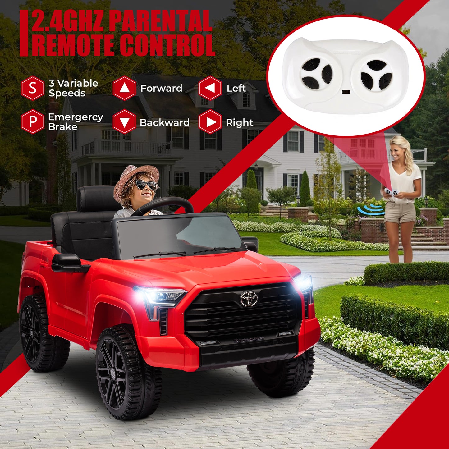 Toyota Tundra Pickup 12V 4.5A Ride On Cars with Remote Control, Battery Powered Ride On Toys  for Kids, Kids Electric Vehicles with Bluetooth Music, USB, Electric Cars for Kids Boys Girls Gifts, Red