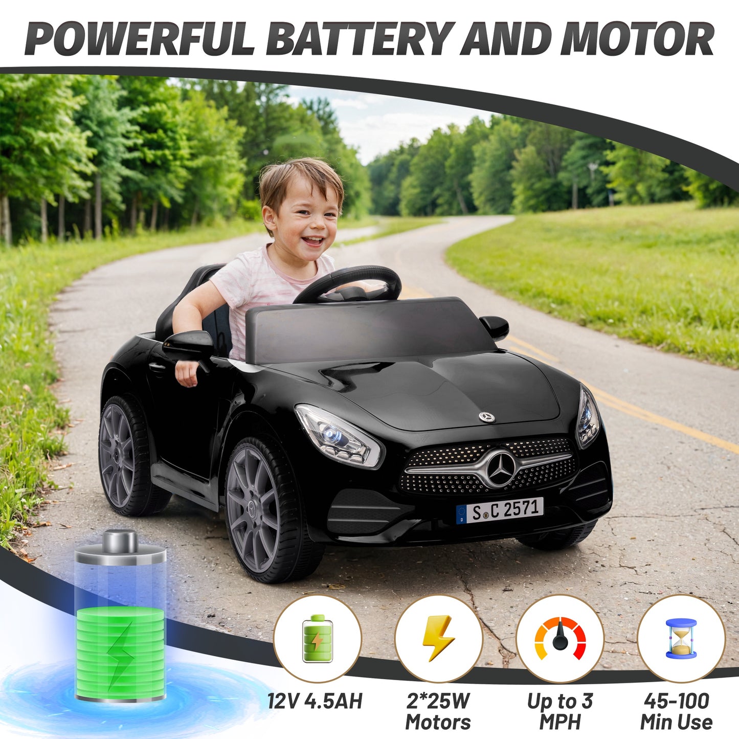 12V Ride on Toy for Kids, Licensed Mercedes-Benz CLS 350 Powered Ride on Car with Remote Control, Kids Electric Cars for Boys Girls 2-5 with Bluetooth, Music, LED Lights, 3 Speeds, 4 Wheelers, Black