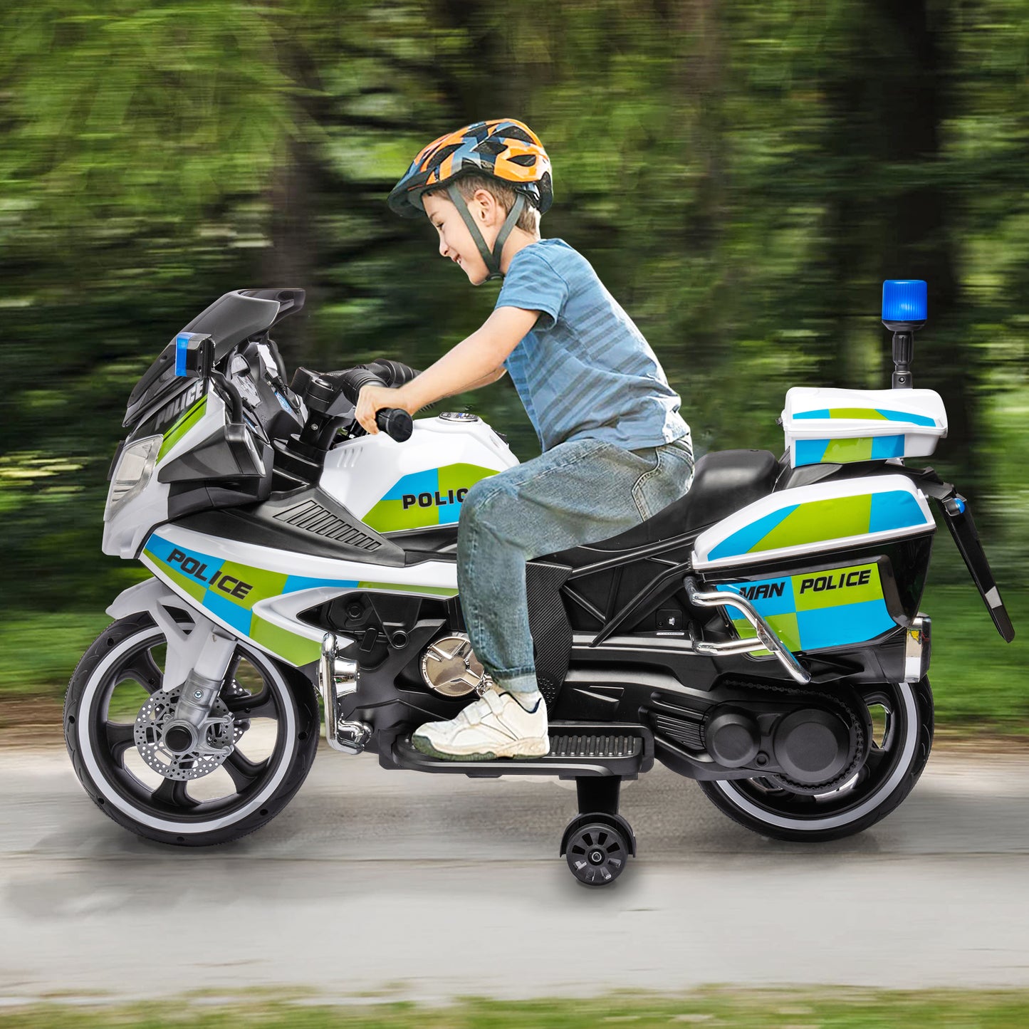 iYofe Electric Motorcycle for Kids, 12 V Ride on Police Motorcycle with Training Wheels, Bluetooth, Music, Alarm Light, Loudspeaker, Battery Powered Ride on Toys for Boys Girls Birthday Gifts, Green