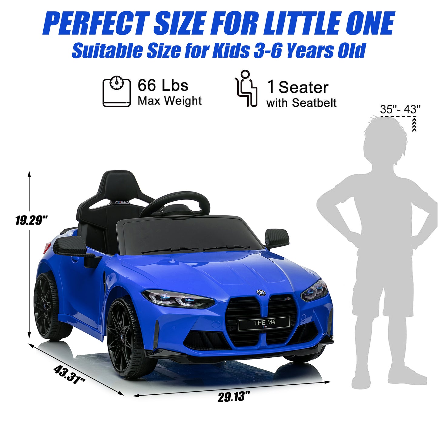 BMW M4 12V Battery Powered Ride On Cars, Kids Ride On Toys with Remote Control, Bluetooth, Music, USB/MP3 Port, LED Light, 4 Wheeler Kids Electric Cars for Boys Girls Gifts 3-6 Years Old, Blue