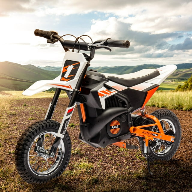 CASEMIOL 24V Ride On Powered Dirt Bike, 14 mph, Electric Motorcycle with Continuously Variable Speed System, Dual Suspension Electric Bike, Leather Seat, for Teens 13-15