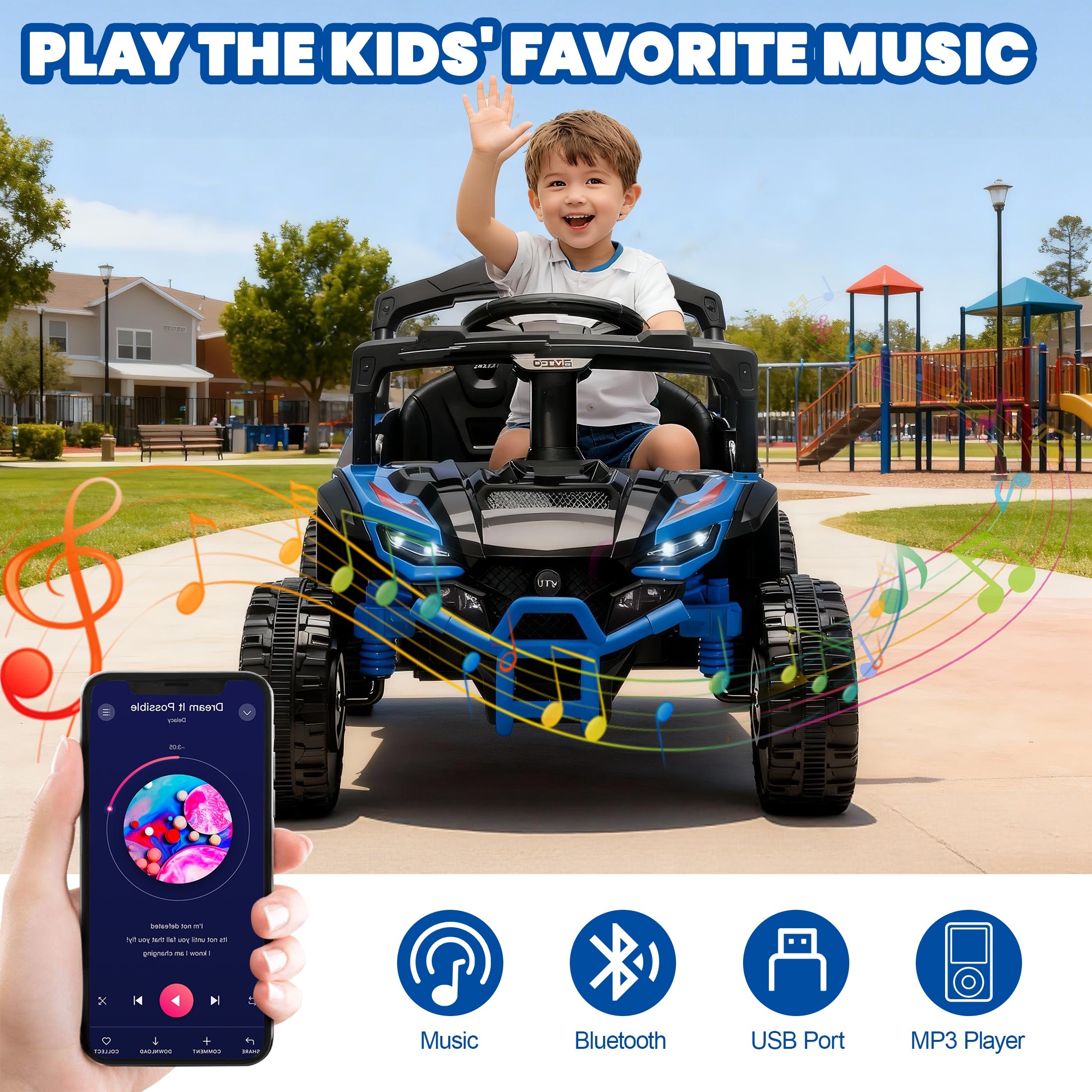 iYofe 24V Powered Ride on Toys with Remote Control, Kids Ride on Car UTV for Boys Girls Ages 3-5, Ride on Vehicles Electric Cars for Kids with Bluetooth, Music, LED Lights, 4 Wheels Suspension, Blue