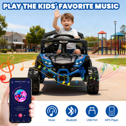 iYofe 24V Powered Ride on Toys with Remote Control, Kids Ride on Car UTV for Boys Girls Ages 3-5, Ride on Vehicles Electric Cars for Kids with Bluetooth, Music, LED Lights, 4 Wheels Suspension, Blue