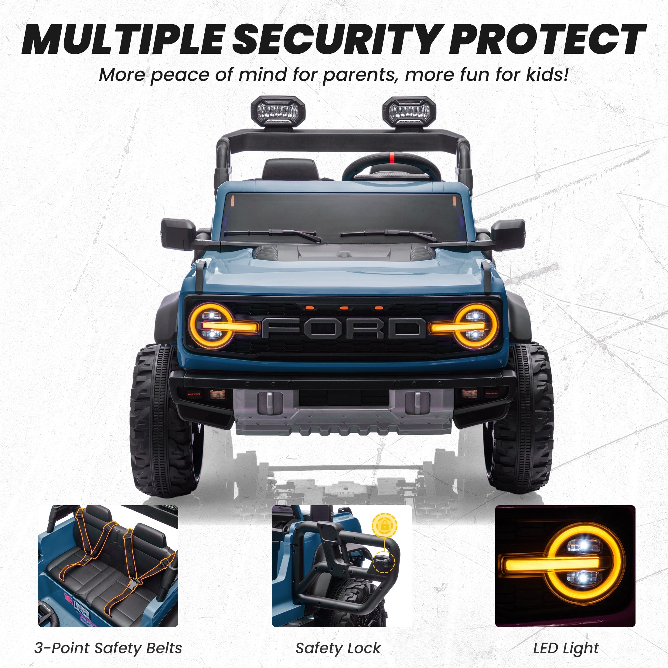 iYofe 24V 2 Seater Ride on Cars, Licensed Ford Bronco Raptor Powered Ride on Trucks with Remote Control, Spring Suspension, Bluetooth, LED Light, Ride on Toys for Kids Ages 3-8 Boy Girls Gift, Blue