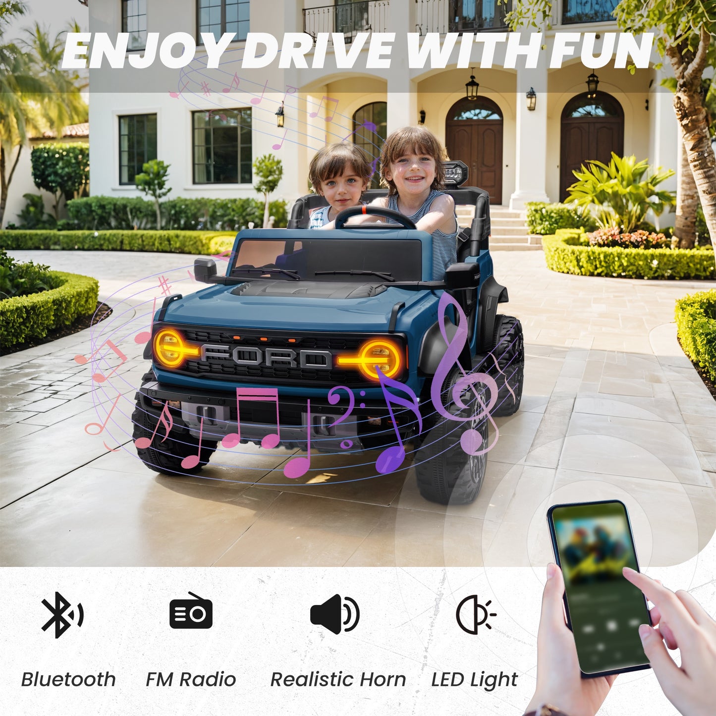 24V 2 Seater Ride on Cars, Licensed Ford Bronco Raptor Powered Ride on Toy Truck with Remote Control, Electric Car for Kids 3-8 Gifts with Bluetooth/LED Light/Spring Suspension, 4 Wheelers, Blue
