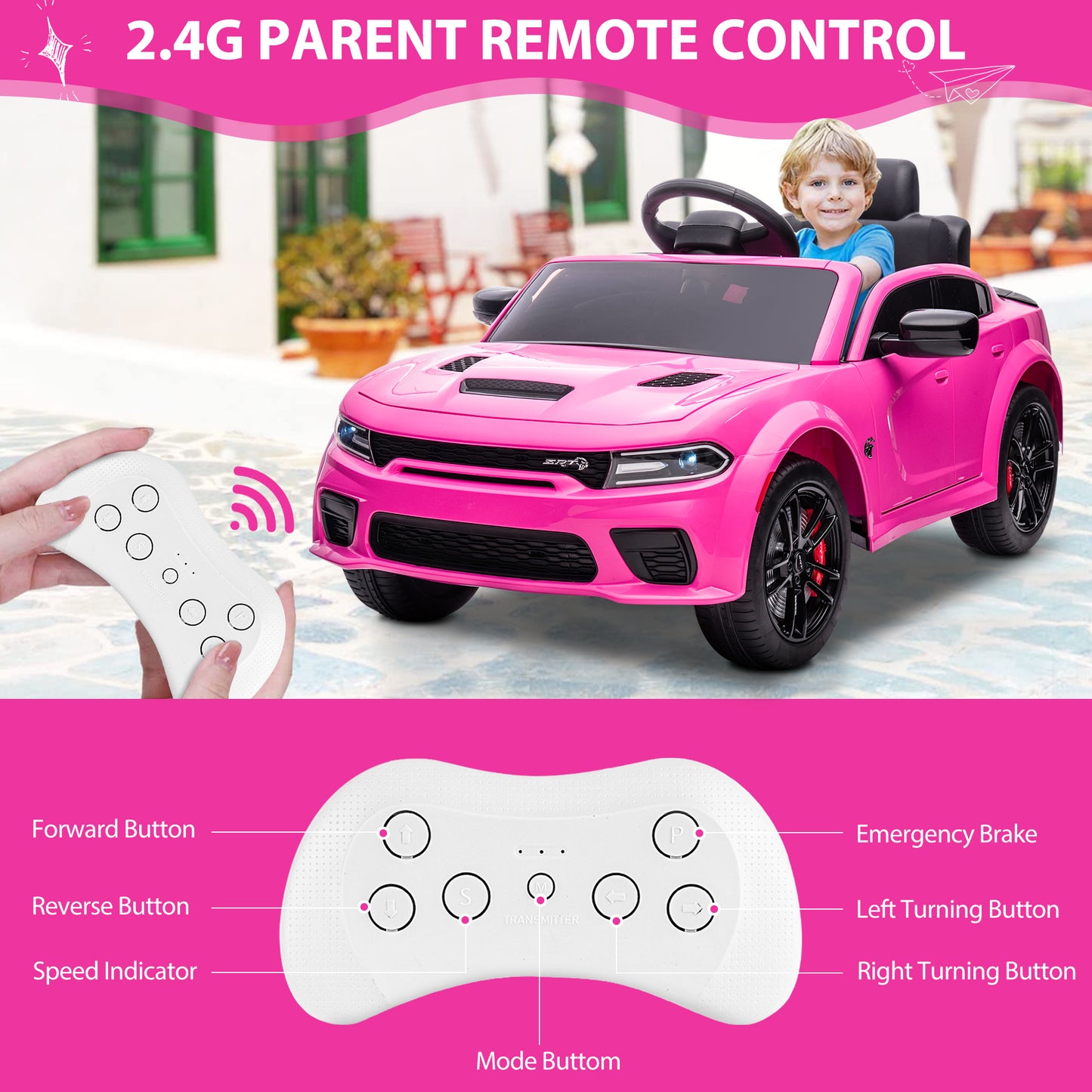 iYofe 12V Ride On Car for Kids, Licensed DODGE Girls Ride On Truck with Remote Control, LED Lights, MP3, USB, Battery Powered Ride On Toys for 2-5 Year Olds Boys Girls Birthday Christmas Gifts, Pink