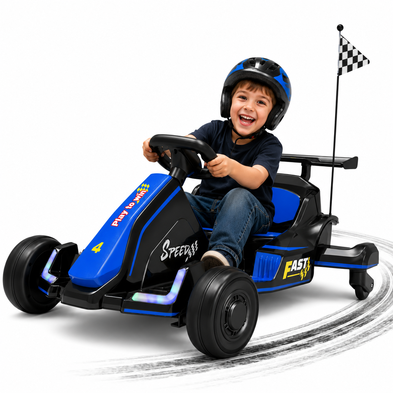iYofe 12V Ride on Car for Kids, 360° Spin Drift Racing Go Kart with Powered PU Glowing Wheels, Water Spray Effect with Light, Music, Electric Ride On Toys for Boys Girls Age 3-8