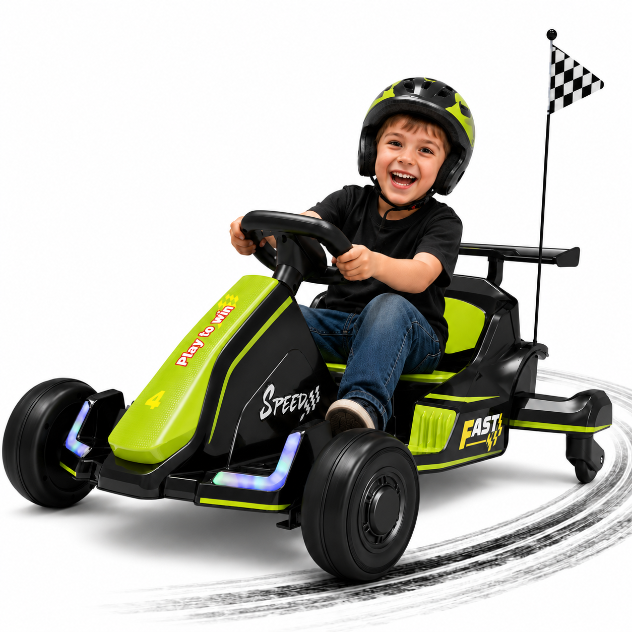iYofe 12V Ride on Car for Kids, 360° Spin Drift Racing Go Kart with Powered PU Glowing Wheels, Water Spray Effect with Light, Music, Electric Ride On Toys for Boys Girls Age 3-8