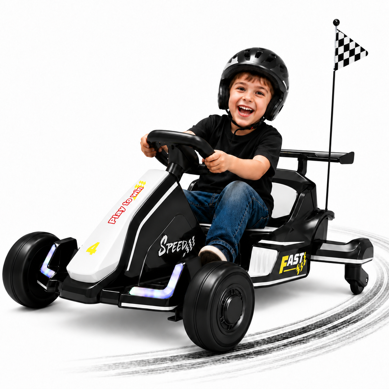 iYofe 12V Ride on Car for Kids, 360° Spin Drift Racing Go Kart with Powered PU Glowing Wheels, Water Spray Effect with Light, Music, Electric Ride On Toys for Boys Girls Age 3-8