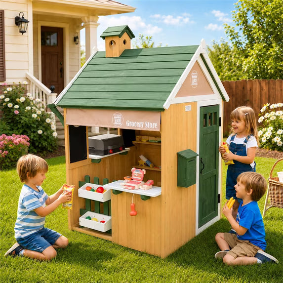 iYofe Outdoor Playhouse for Kids, Grocery Store Wood Playhouse with Checkout Counter, Pretend Cash Register, Outside Play House with BBQ Grill Kitchen Playset, Pretend Food for Girls Boys