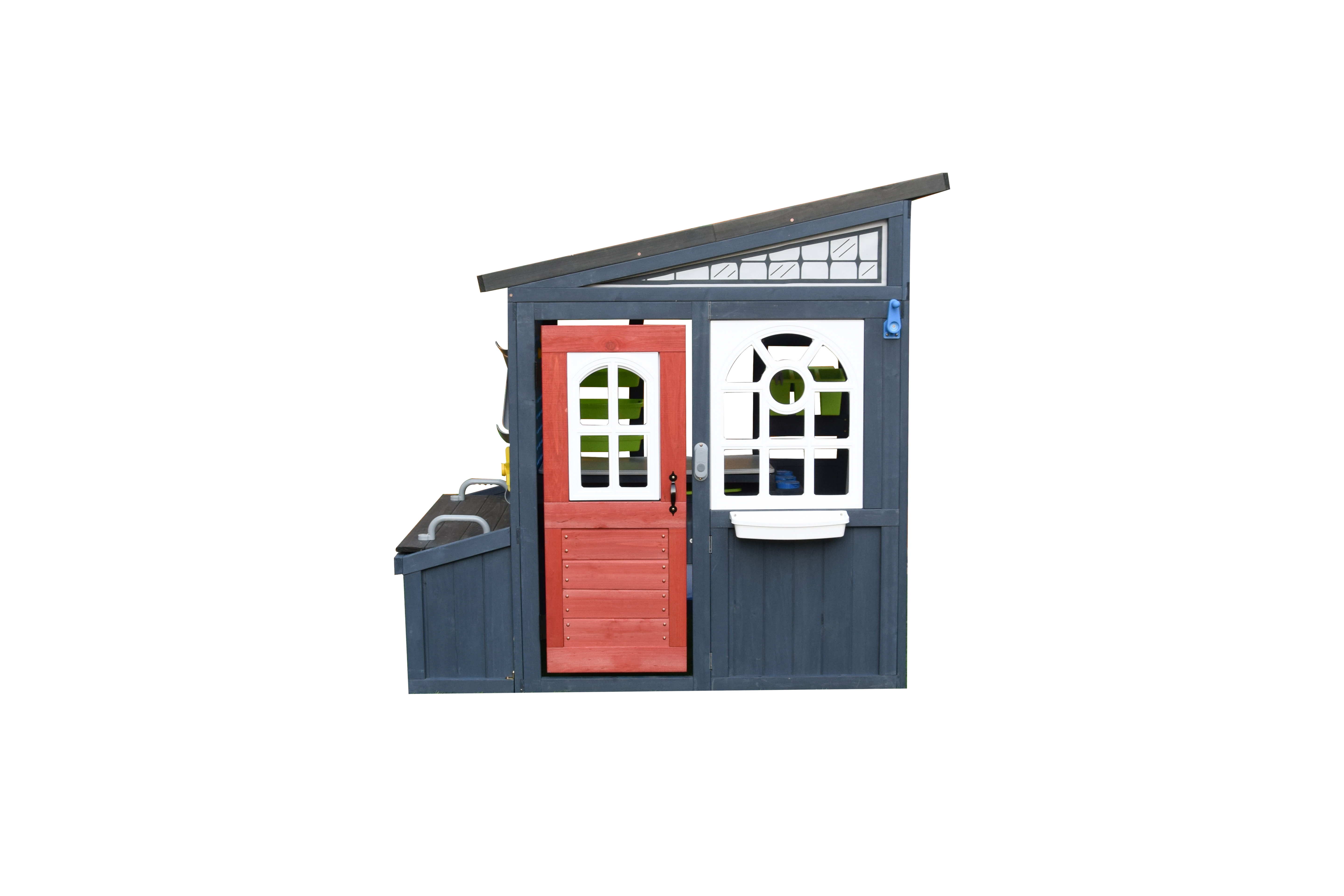 iYofe Tool Shed Playhouse for Kids, Wooden Play House with Workbench & Accessories, Kids Outdoor Play Toys for Backyard