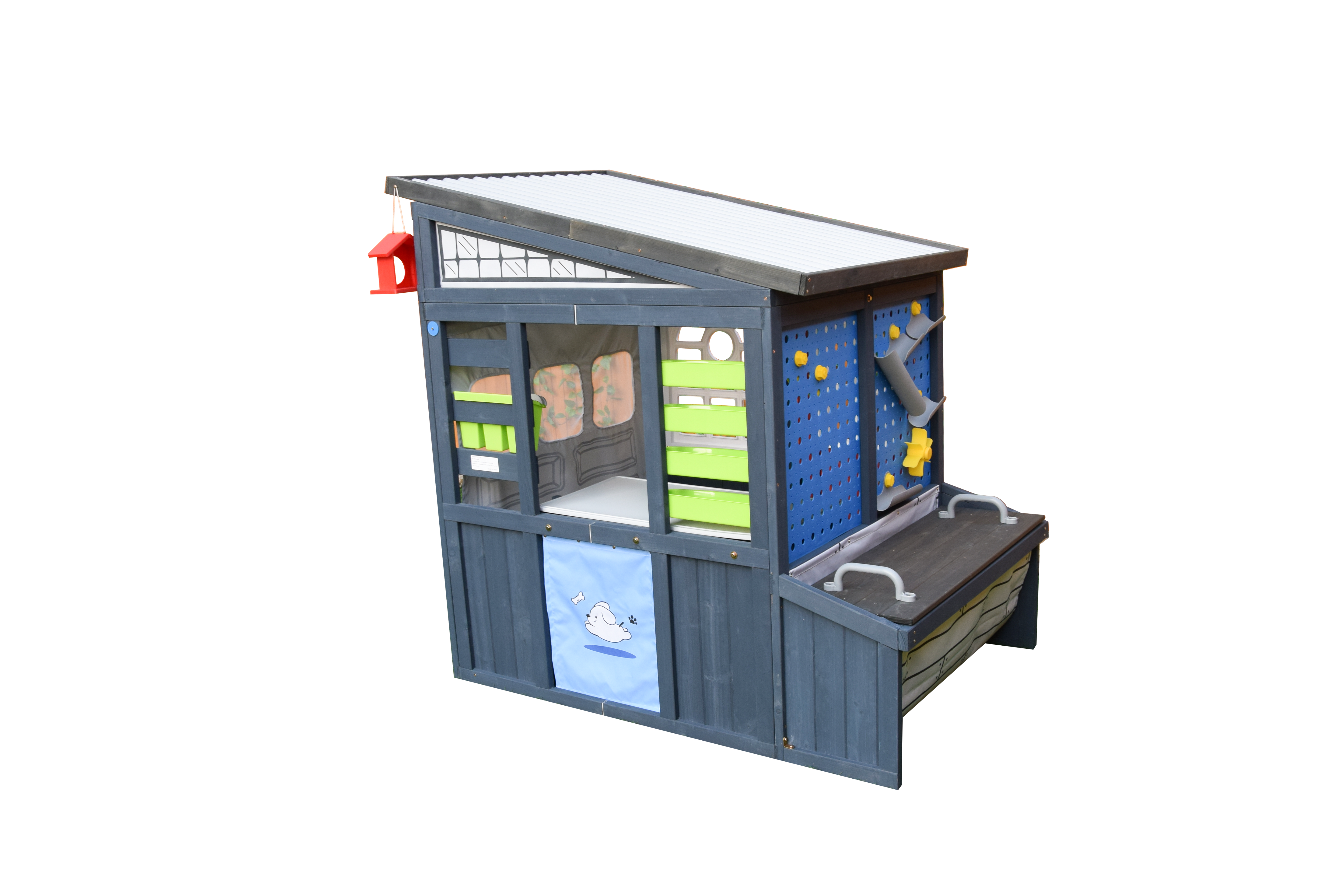 iYofe Tool Shed Playhouse for Kids, Wooden Play House with Workbench & Accessories, Kids Outdoor Play Toys for Backyard