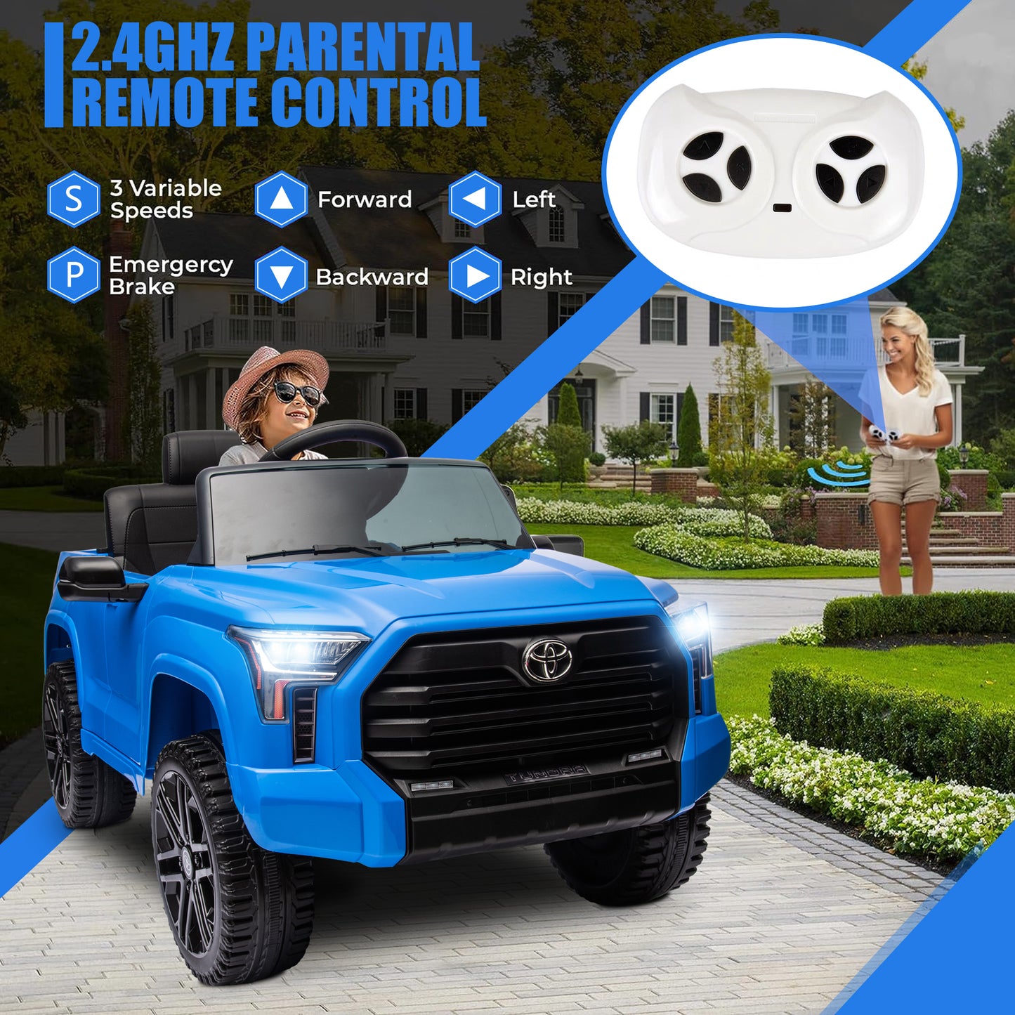 Toyota Tundra Pickup 12V 7A Ride On Cars for Kids, Ride On Toys with Remote Control, Battery Powered Kids Electric Vehicles with Bluetooth Music, USB, Electric Cars for Kids Boys Girls Gifts, Blue