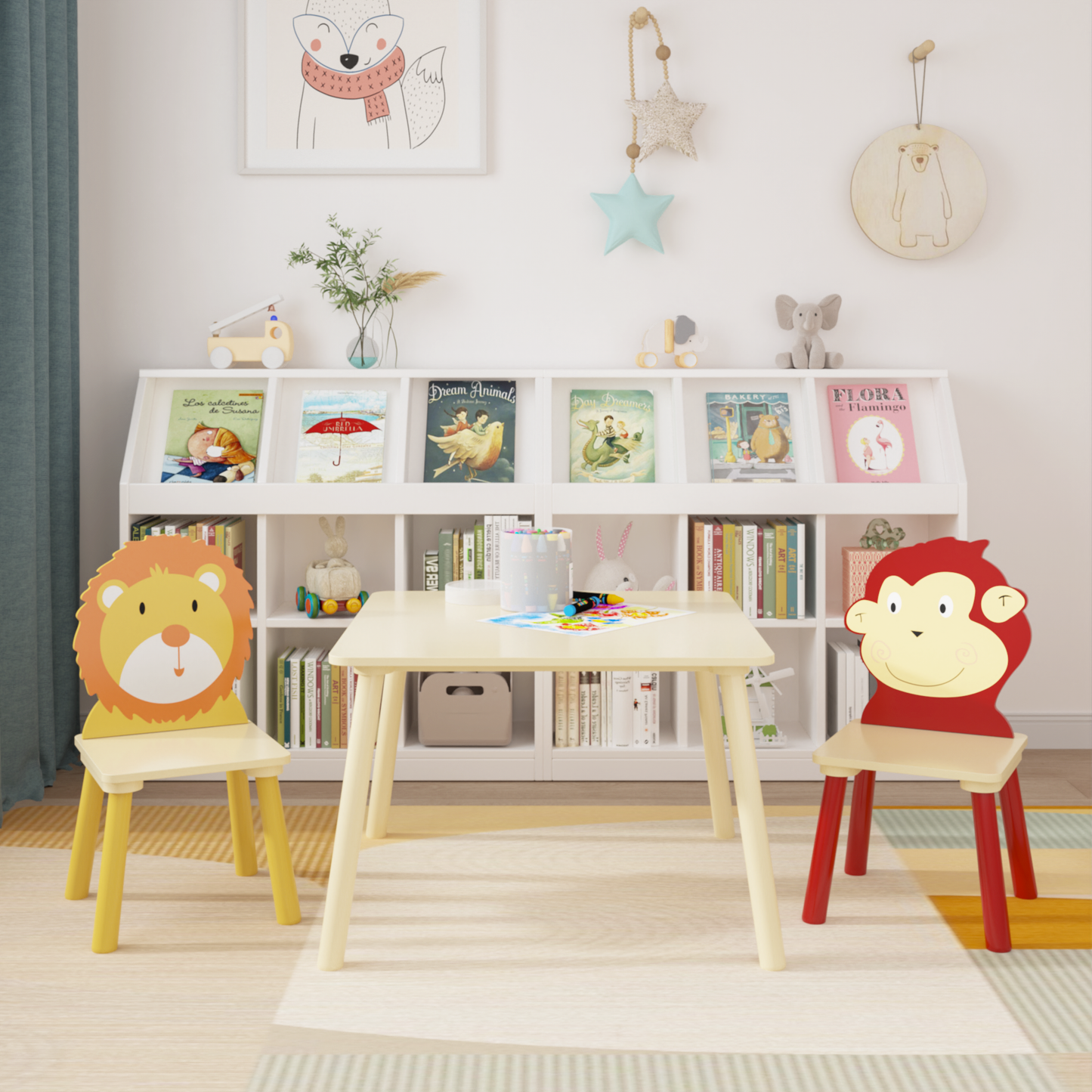 3/5 Piece Kids Table and Chairs Set, Cartoon Wooden Table with 2 Chairs Set for Toddler Children