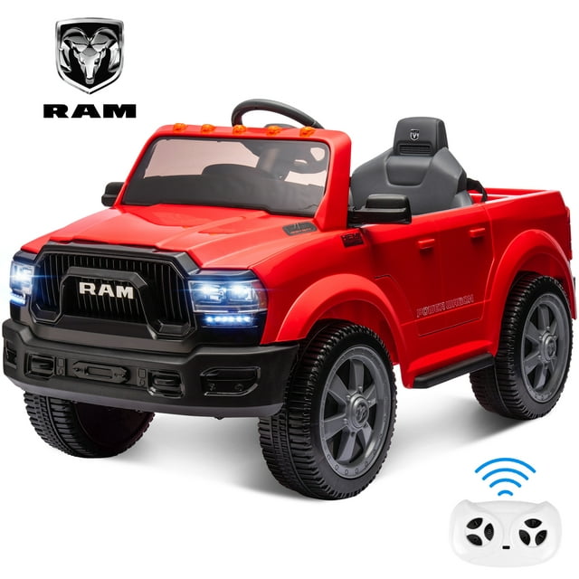 Dodge Electric Ride on Truck Car for Kids, 12 V Licensed Dodge RAM Powered Ride On Toys Cars with Remote Control, Electric Pickup for Kids 3-8 w/Cup Holder/Trunk/Bluetooth Music/LED Lights