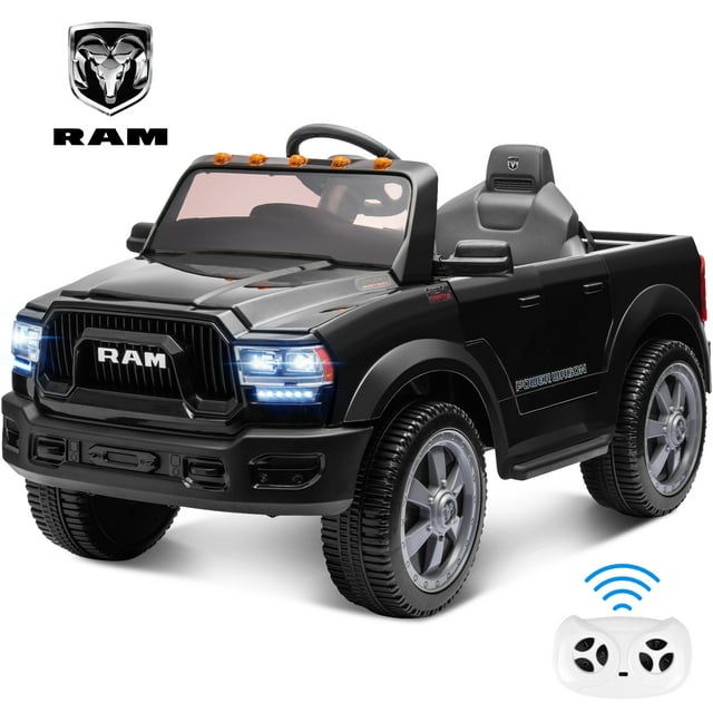 Dodge Electric Ride on Truck Car for Kids, 12 V Licensed Dodge RAM Powered Ride On Toys Cars with Remote Control, Electric Pickup for Kids 3-8 w/Cup Holder/Trunk/Bluetooth Music/LED Lights