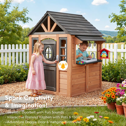 iYofe Outdoor Playhouse, Wooden Kids Playhouse with Play Kitchen, Working Doorbell, Bird Cage, Pet Door, Outdoor Kids Play Equipment Gift for Ages 2+, Brown