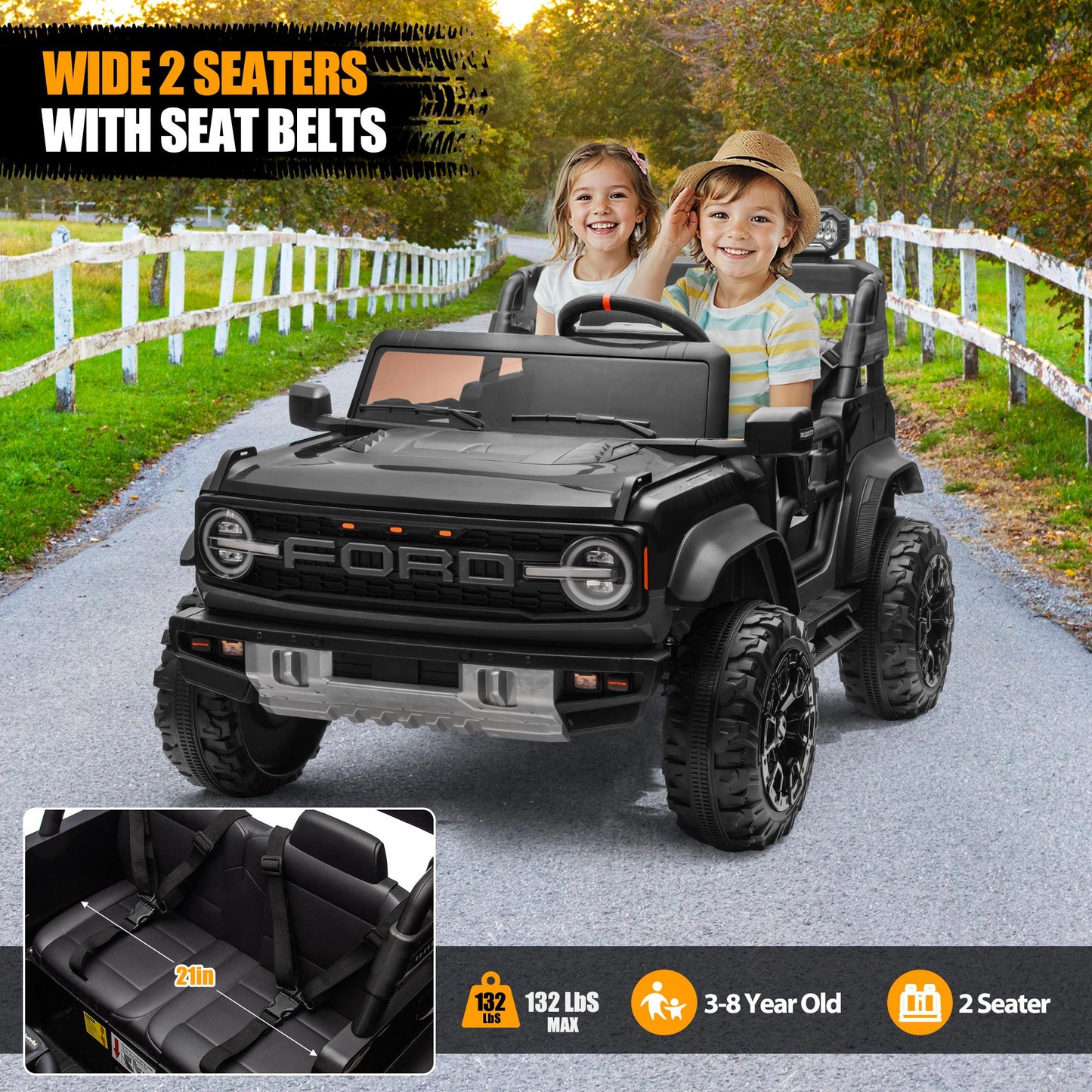 24V 2 Seater Ride on Cars, Licensed Ford Bronco Raptor Ride on Truck Toy with Remote Control, Powered Kids Car Electric Vehicles with Bluetooth/Music Player/LED Light/4 Wheel Spring Suspension, Black