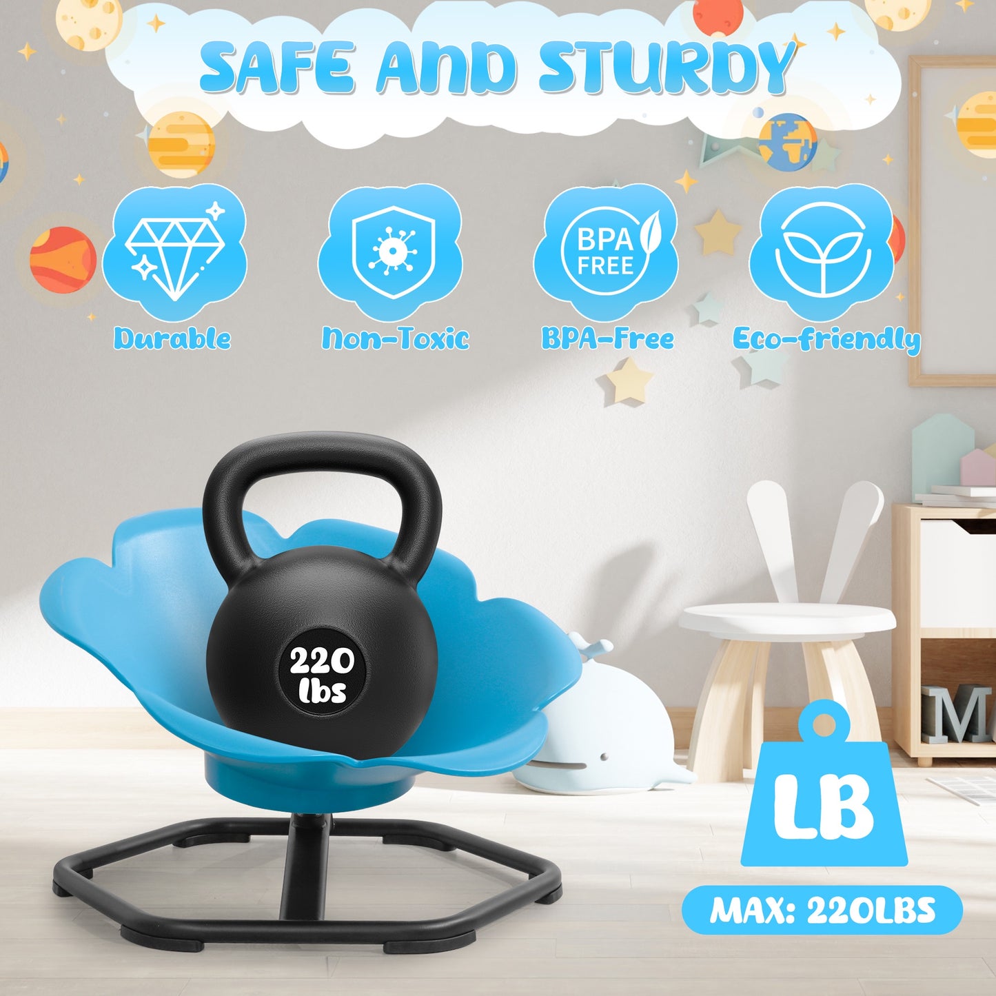 iYofe Kids Sensory Spinning Chair, Petal Shape Spinning Chair for Autistic Kids, Chair Sensory Spinner Seat for Autism Toddlers ADHD Children, 360° Rotating Therapy-Grade Chair with Safety Base, Blue