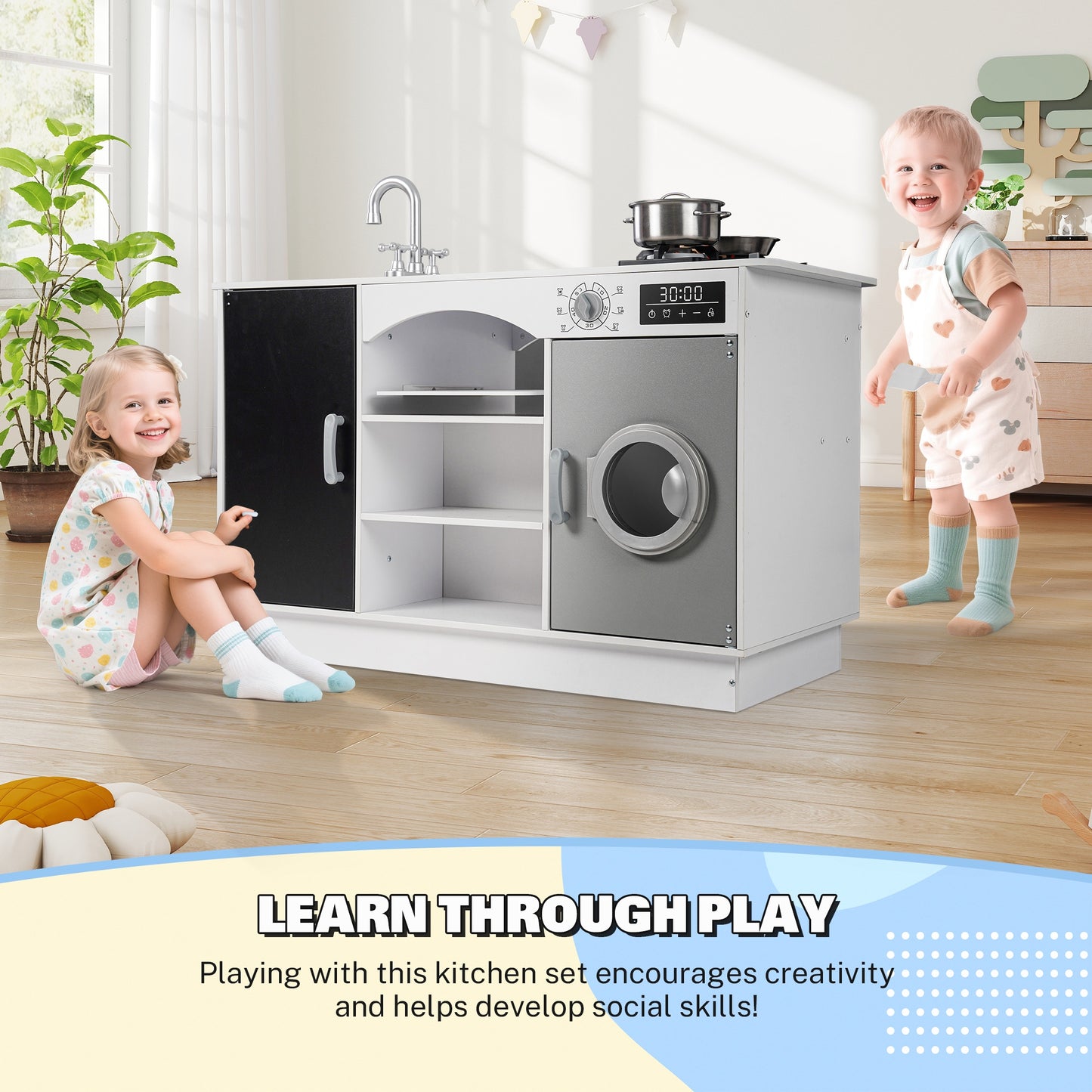 iYofe Island Play Kitchen for Kids, Wooden Kids Play Kitchen Playset Chef Pretend Play Set for Toddlers with Real Lights & Sounds, 7 Accessories, Toy Kitchen Set or Girls Boys Gift for Ages 3+, White