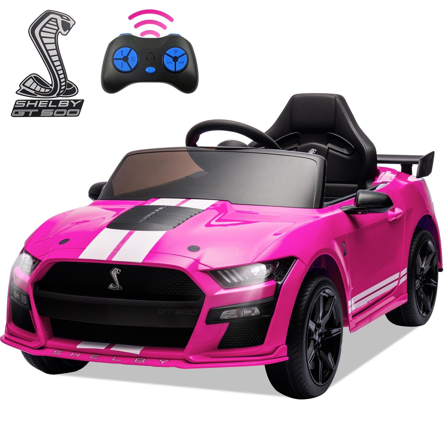 Ford Mustang Shelby 12V Ride On Car with Remote Control, Electric Car for Kids Toddler Electric Vehicle with Bluetooth, Radio, Music, USB Port, LED Lights, Battery Powered Ride on Toys for Kids, Pink