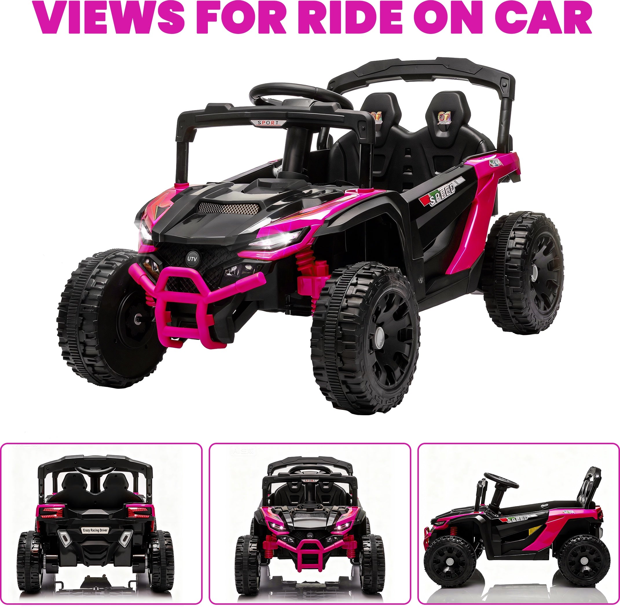 iYofe 24V Powered Ride on Toys with Remote Control, Kids Ride on Car UTV for Boys Girls Ages 3-5, Ride on Vehicles Electric Cars for Kids with Bluetooth, Music, LED Lights, 4 Wheels Suspension, Pink