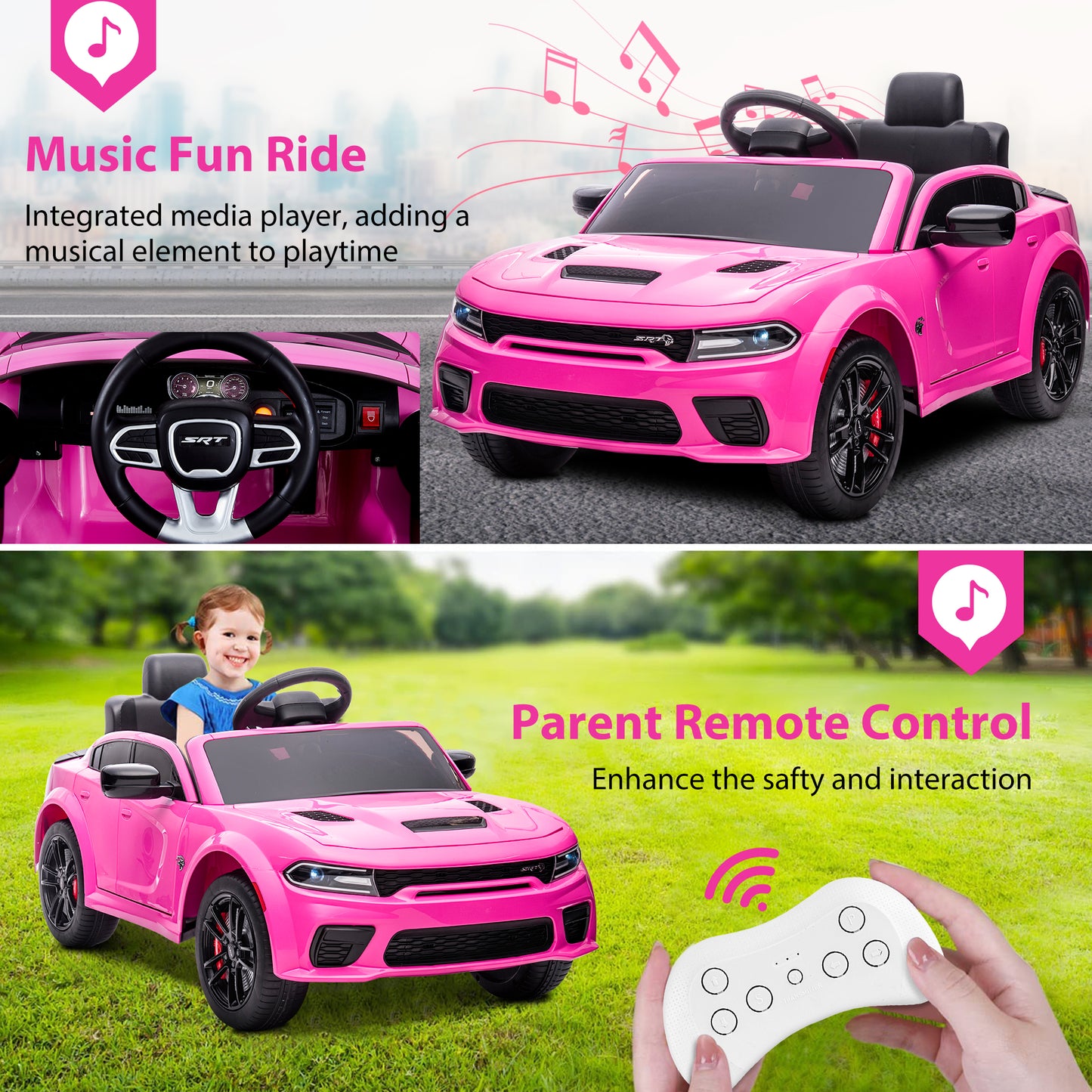 iYofe 12V Ride On Car for Kids, Licensed DODGE Girls Ride On Truck with Remote Control, LED Lights, MP3, USB, Battery Powered Ride On Toys for 2-5 Year Olds Boys Girls Birthday Christmas Gifts, Pink