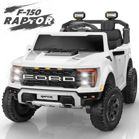 24V Ride on Toys for Big Kids, Ford F150 Raptor Battery Powered 2 Seater Ride on Cars with Remote Control, Electric Car Truck w/4 Wheelers/Bluetooth & Lights for Kids Girls Boys Ages 4-8, White