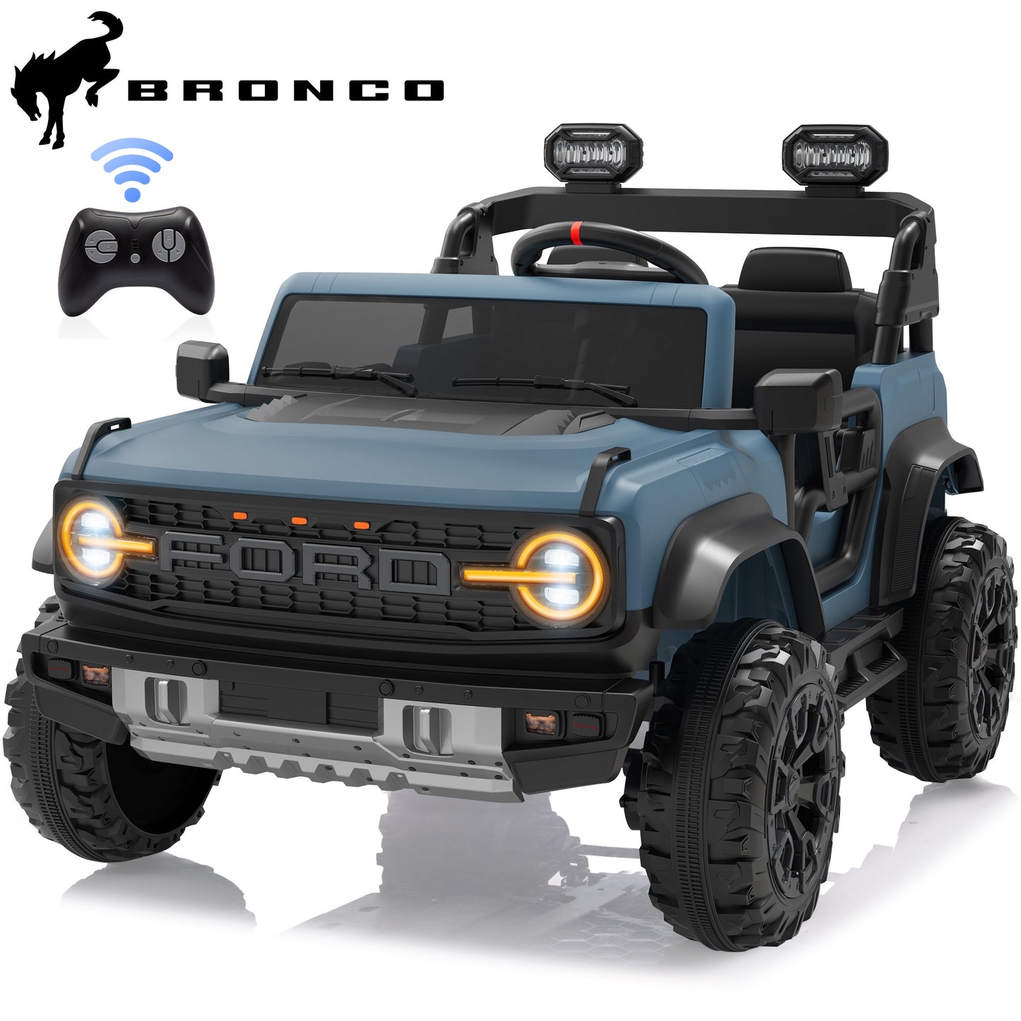 24V 2 Seater Ride on Cars, Licensed Ford Bronco Raptor Ride on Truck Toy with Remote Control, Powered Kids Car Electric Vehicles with Bluetooth/Music Player/LED Light/4 Wheels Spring Suspension, Blue