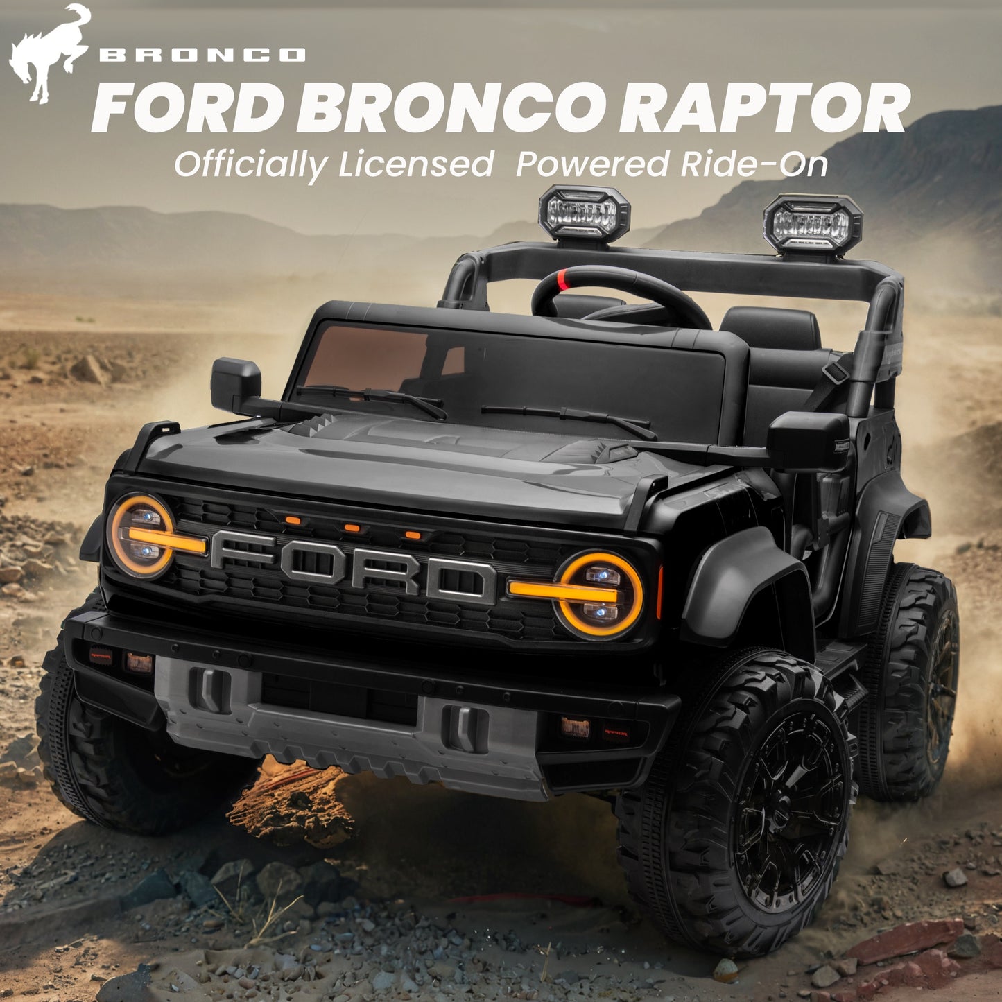 24V 2 Seater Ride on Cars, Licensed Ford Bronco Raptor Powered Ride on Toy Truck with Remote Control, Electric Car for Kids 3-8 Gifts with Bluetooth/LED Light/Spring Suspension, 4 Wheelers, Black