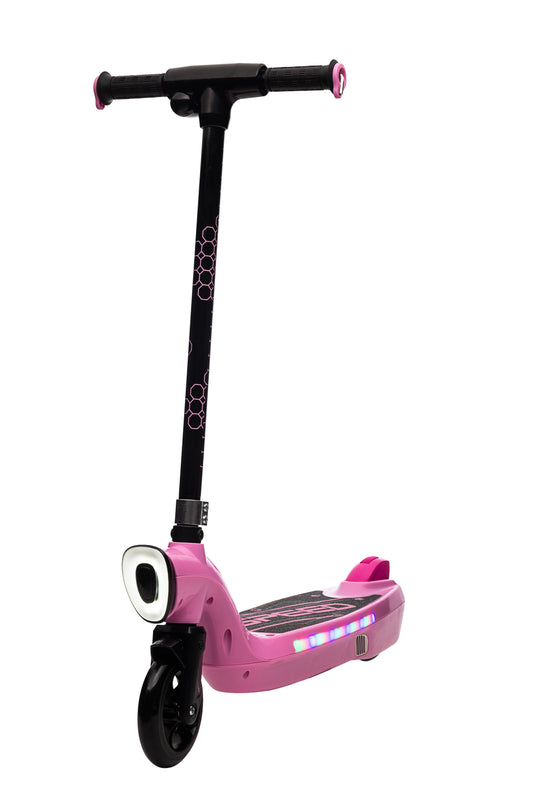 iRerts Kids Electric Scooter for 6-14 Year Old, Portable Kids Scooter for Boys Girls, 12V 45W Kids Electric Scooter with Front Big Light, Rear Brake, Colorful Deck Light, Pink
