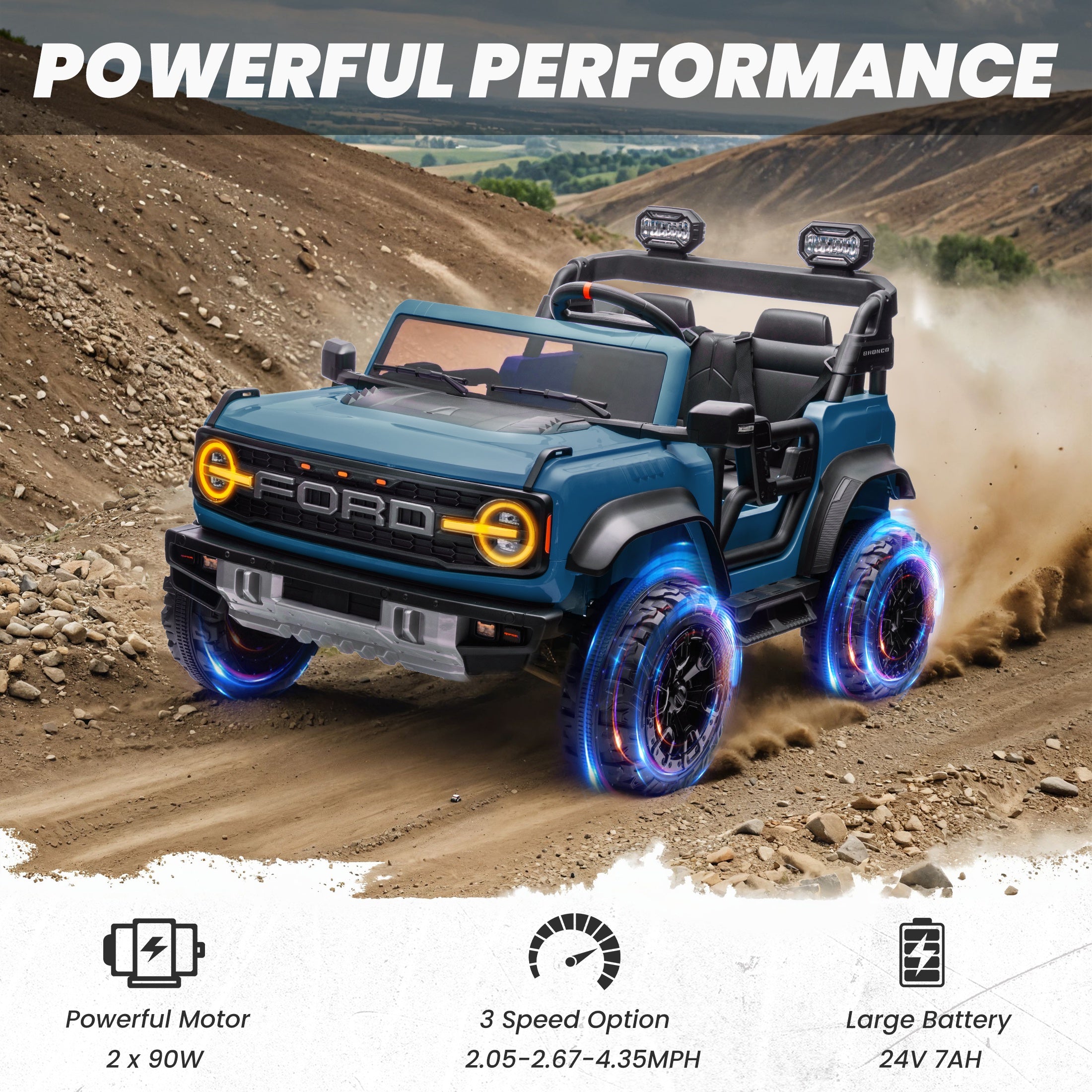iYofe 24V 2 Seater Ride on Cars, Licensed Ford Bronco Raptor Powered Ride on Trucks with Remote Control, Spring Suspension, Bluetooth, LED Light, Ride on Toys for Kids Ages 3-8 Boy Girls Gift, Blue