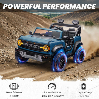 iYofe 24V 2 Seater Ride on Cars, Licensed Ford Bronco Raptor Powered Ride on Trucks with Remote Control, Spring Suspension, Bluetooth, LED Light, Ride on Toys for Kids Ages 3-8 Boy Girls Gift, Blue