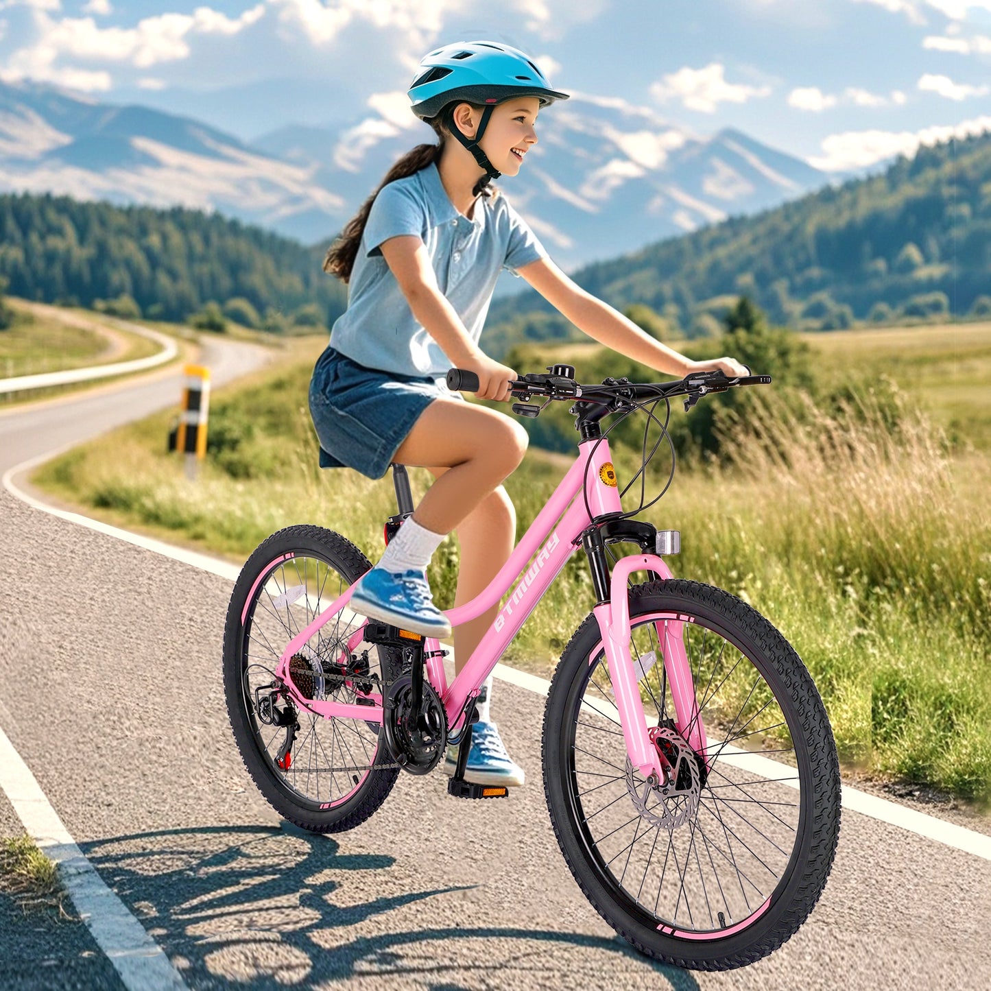 iYofe 24" Girls Mountain Bike, 21 Speed Girls Bicycle with Dual Disc Brake, Kids Mountain Bike w/ Front Spring Shock and Adjutable Seat Height, Bike for Girls Teens Ages 9-14 Years Old, Pink