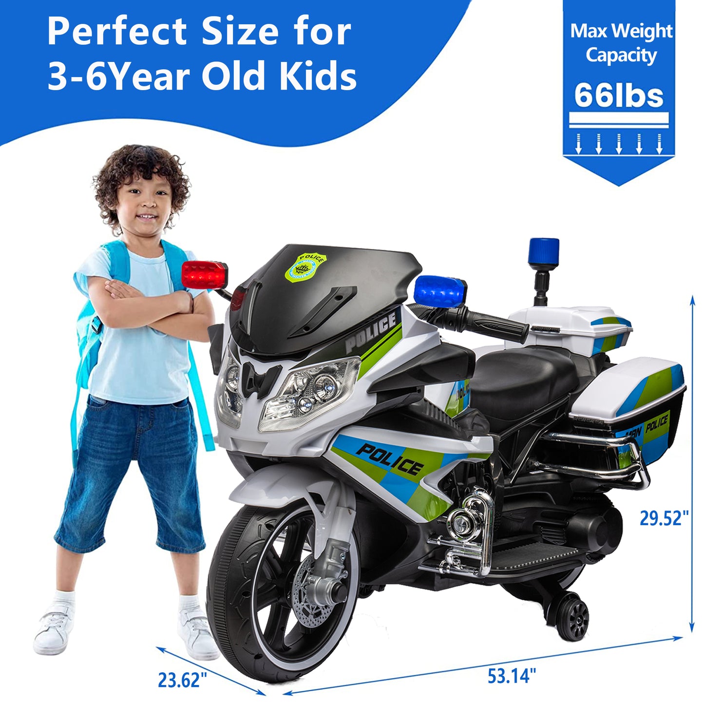 iYofe Electric Motorcycle for Kids, 12 V Ride on Police Motorcycle with Training Wheels, Bluetooth, Music, Alarm Light, Loudspeaker, Battery Powered Ride on Toys for Boys Girls Birthday Gifts, Green