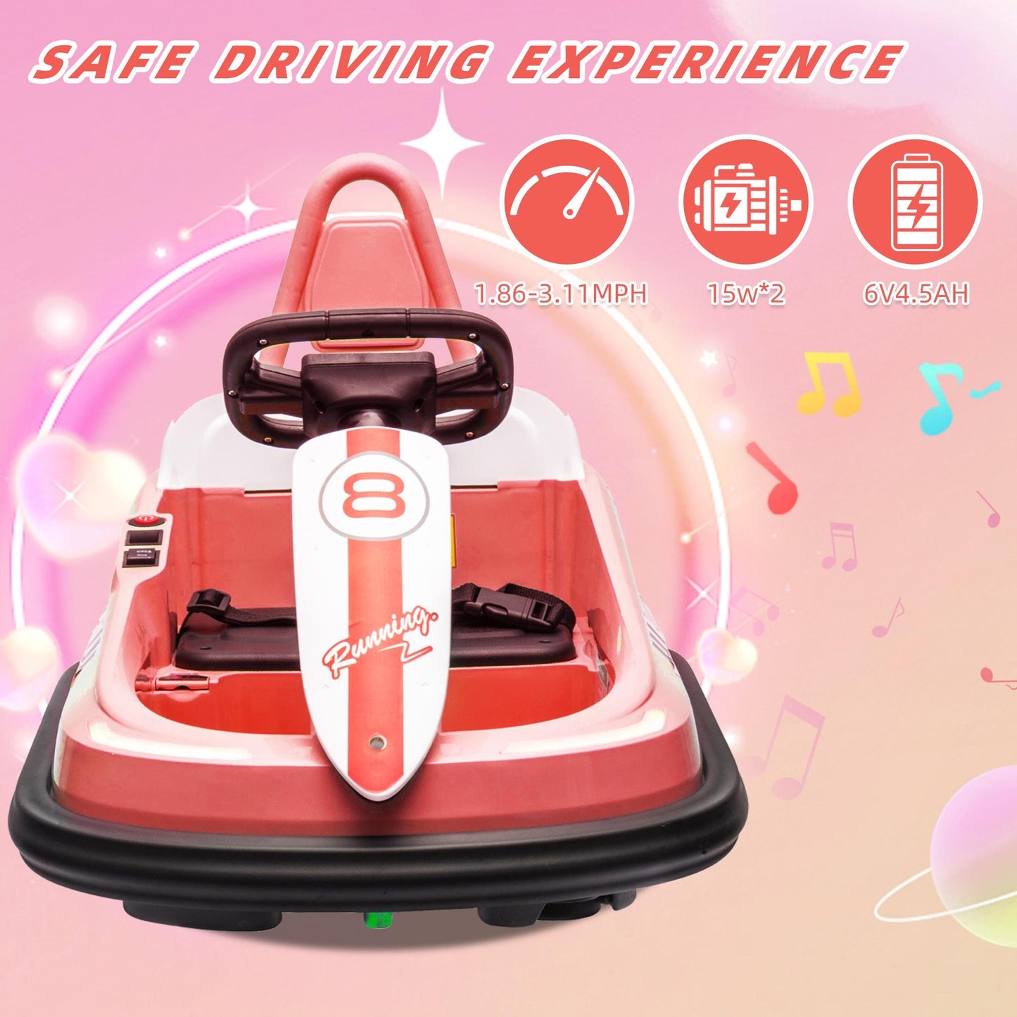 iYofe 6V Bumper Car Ride on with Remote Control, Bumper Cars for Kids Toddlers Boys Girls 2-6 Years Old Gifts, Battery Powered Ride on Toys with Bluetooth, Player, 360¡ãSpin, LED Light, 3 Speed, Pink