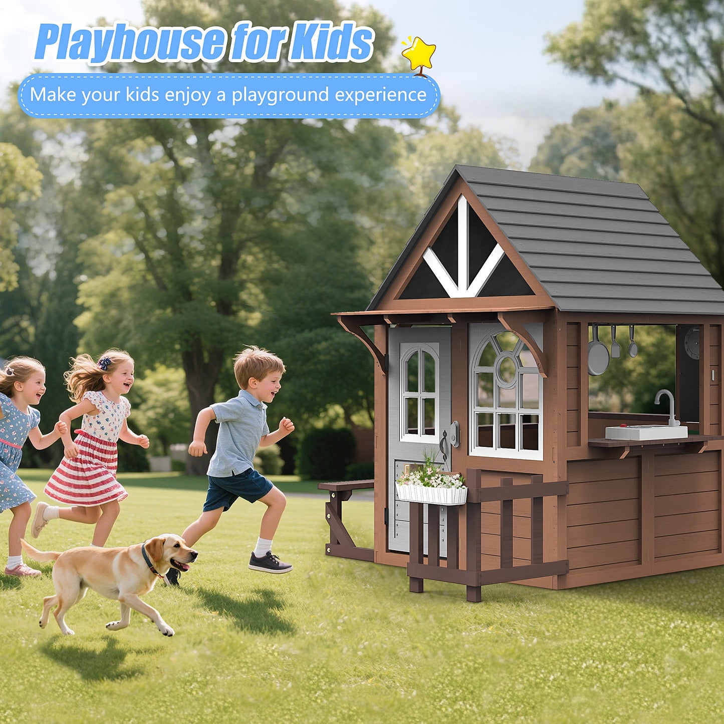 iYofe Outdoor Playhouse, Wooden Kids Playhouse with Working Door, Windows, Bench, Flower Pot Holder, Phone, Toddler Playhouse for Kids Outdoor Indoor Playset for Kids 3-6 Years Old, Brown+Gray