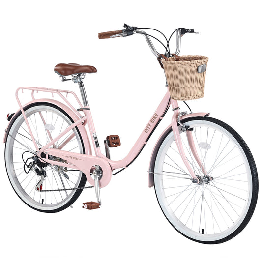iYofe 26 inch Womens Bike, 7 Speed Hybrid Bike for Adult Teen w/ Basket and Backseat, Beach Cruiser Bike, City Comfort Commuter Bicycle for Ladies, V Brakes, 85% Assembled, Pink