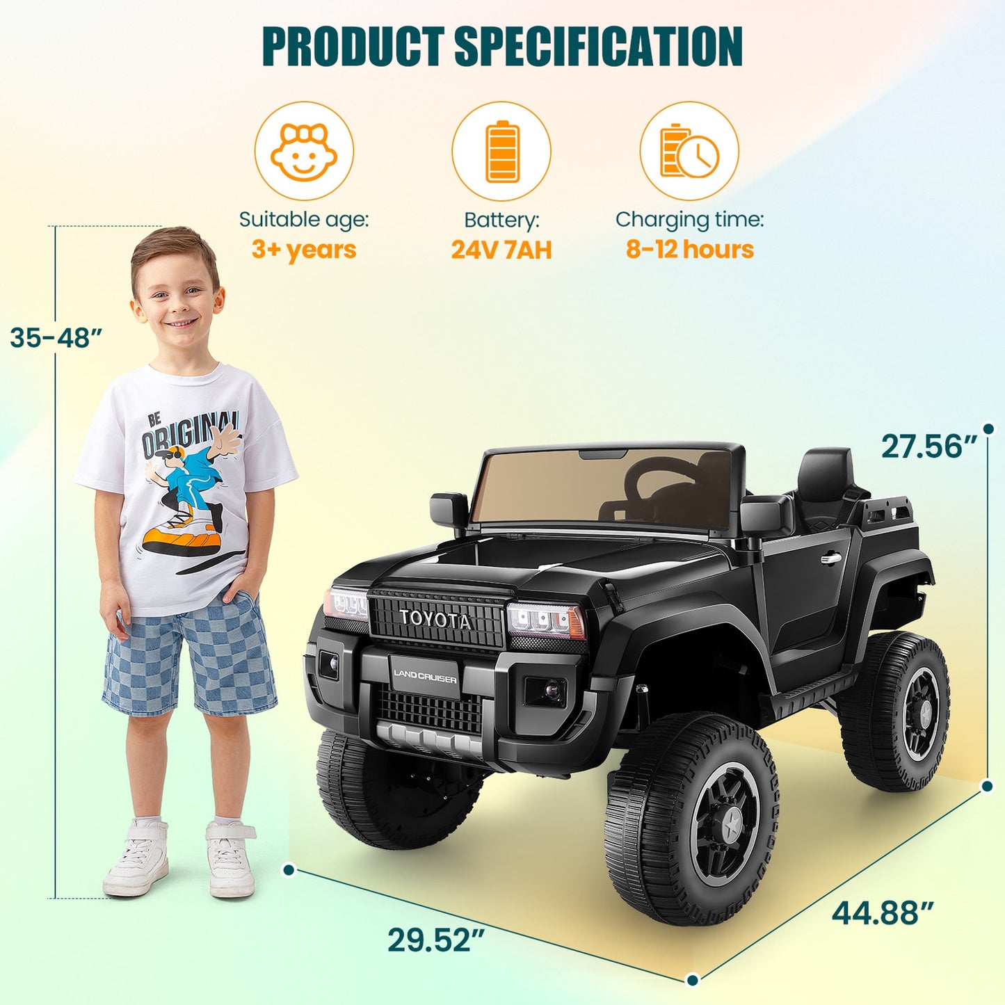 24V 2 Seater Ride on Cars, Licensed Toyota LC250 Powered Ride on Toy Truck with Remote Control, Kids Cars Electric Vehicles for Kids 3-8 Gifts with Bluetooth/Music/USB Ports/Shovel, 4 Wheelers, Black