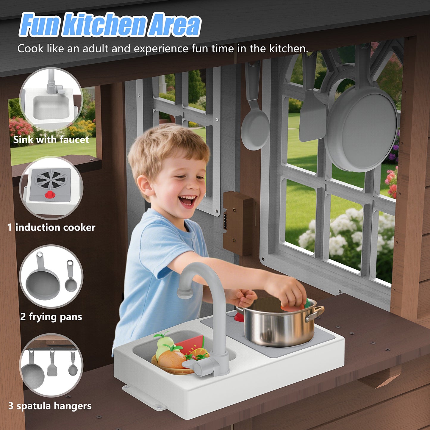 iYofe Outdoor Playhouse, Wooden Kids Playhouse with Working Door, Windows, Bench, Flower Pot Holder, Phone, Toddler Playhouse for Kids Outdoor Indoor Playset for Kids 3-6 Years Old, Brown+Gray