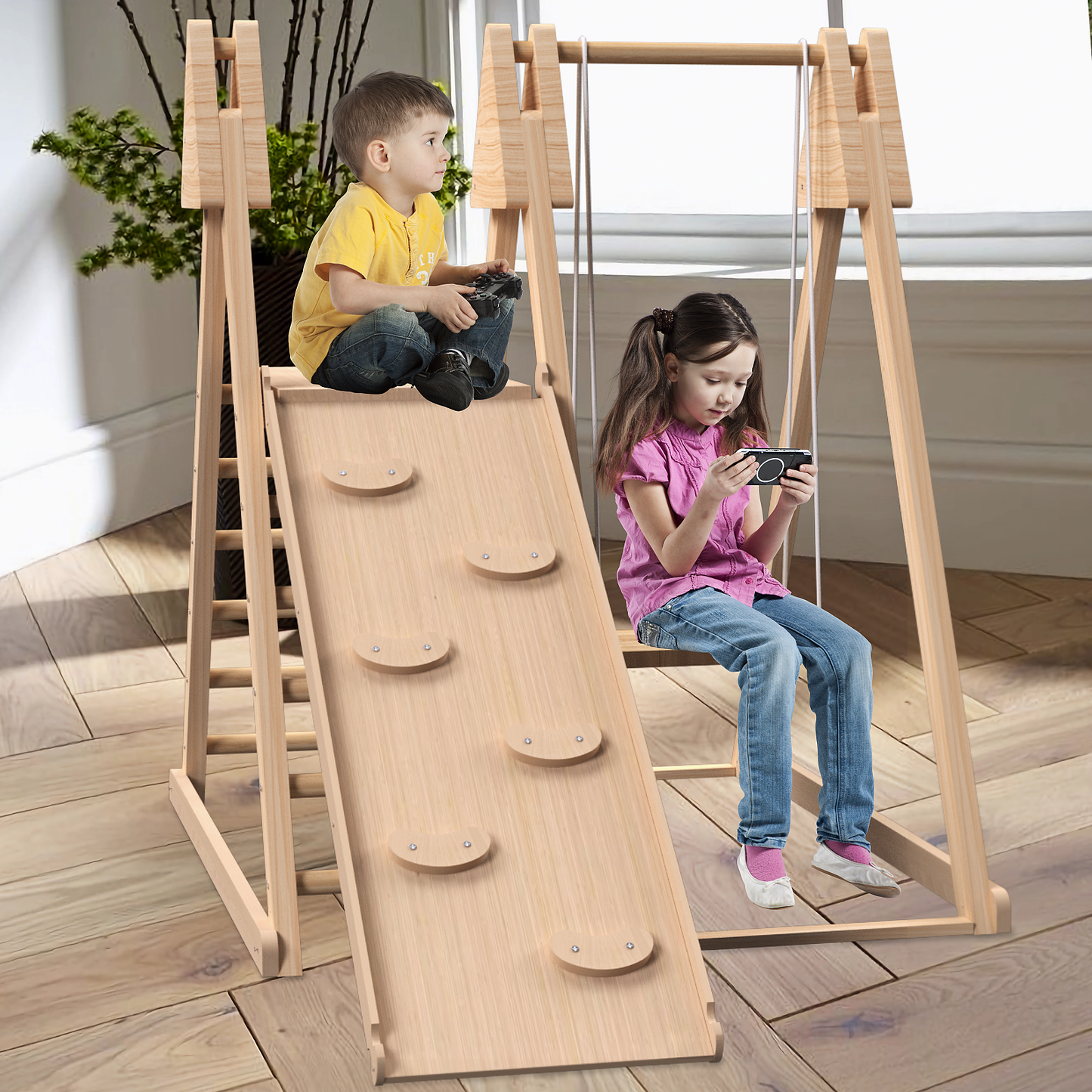 Indoor Jungle Gym, 4 in 1 Kids Montessori Indoor Playground Climbing Playset for Toddlers with Baby Swing, Slide, Ladder, and Climbing Wall, Wood Climber Toys for Boys Girls