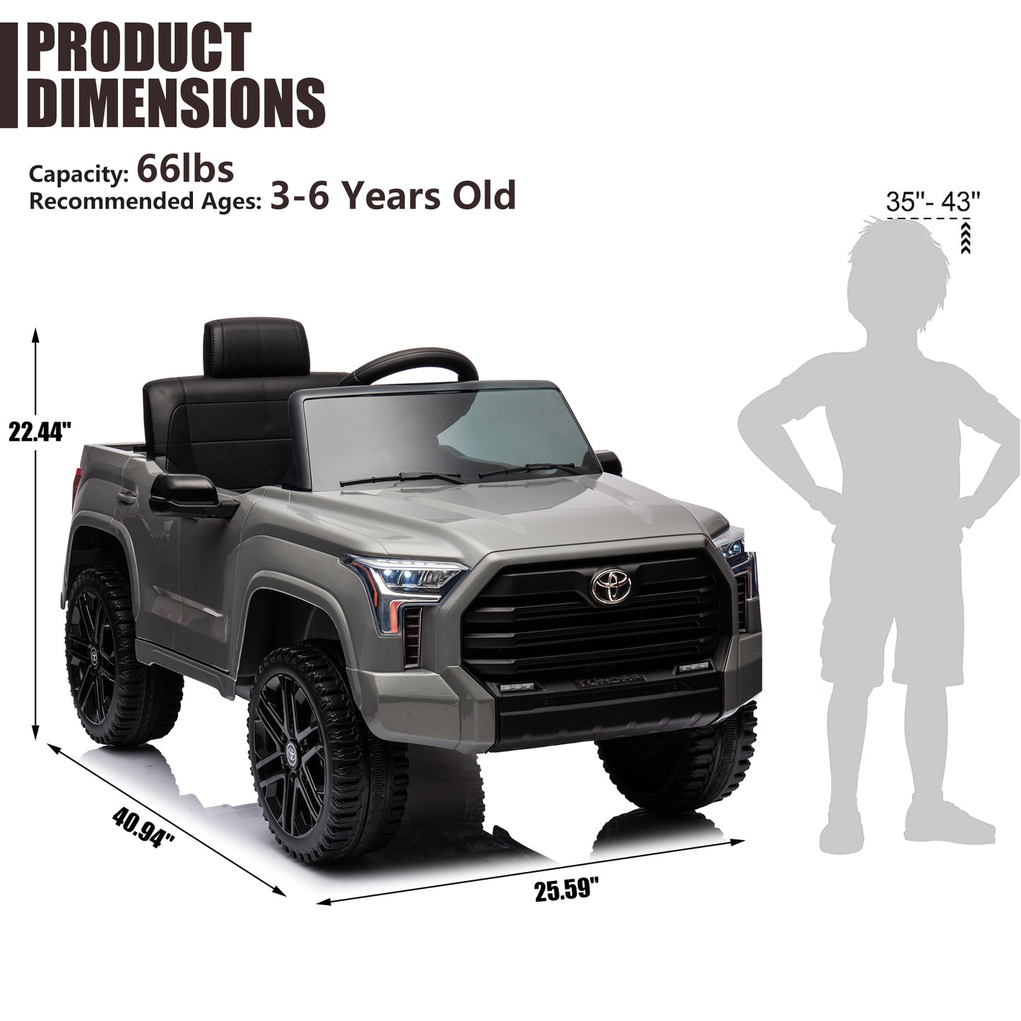 Toyota Tundra Pickup 12V 7A Ride On Cars for Kids, Ride On Toys with Remote Control, Battery Powered Kids Electric Vehicles with Bluetooth Music, USB, Electric Cars for Kids Boys Girls Gifts, Gray