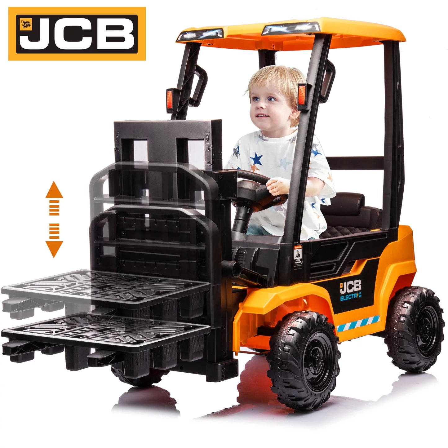 JCB 12V Powered Ride on Car to Forklift, Toddler Ride on Toy with Lifting Pallet, Remote Control, Storage Trunk, Music Player, Electric Construction Vehicle for Kids 3-12 Years Old, Yellow